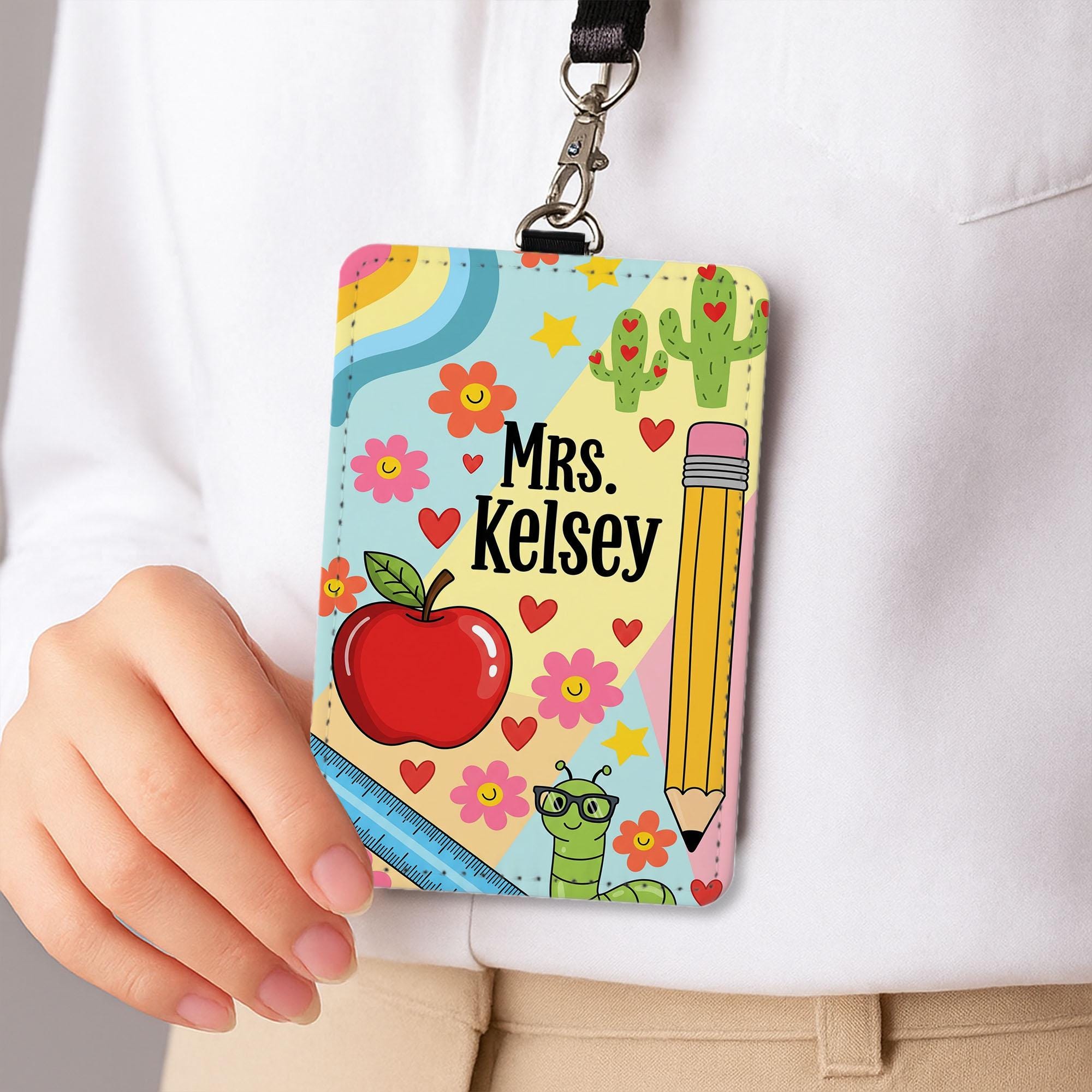 Custom Teacher Badge Holder, Cute Leather ID Tag, Personalized Lanyard Name Tag, Back to School Gift for Educators