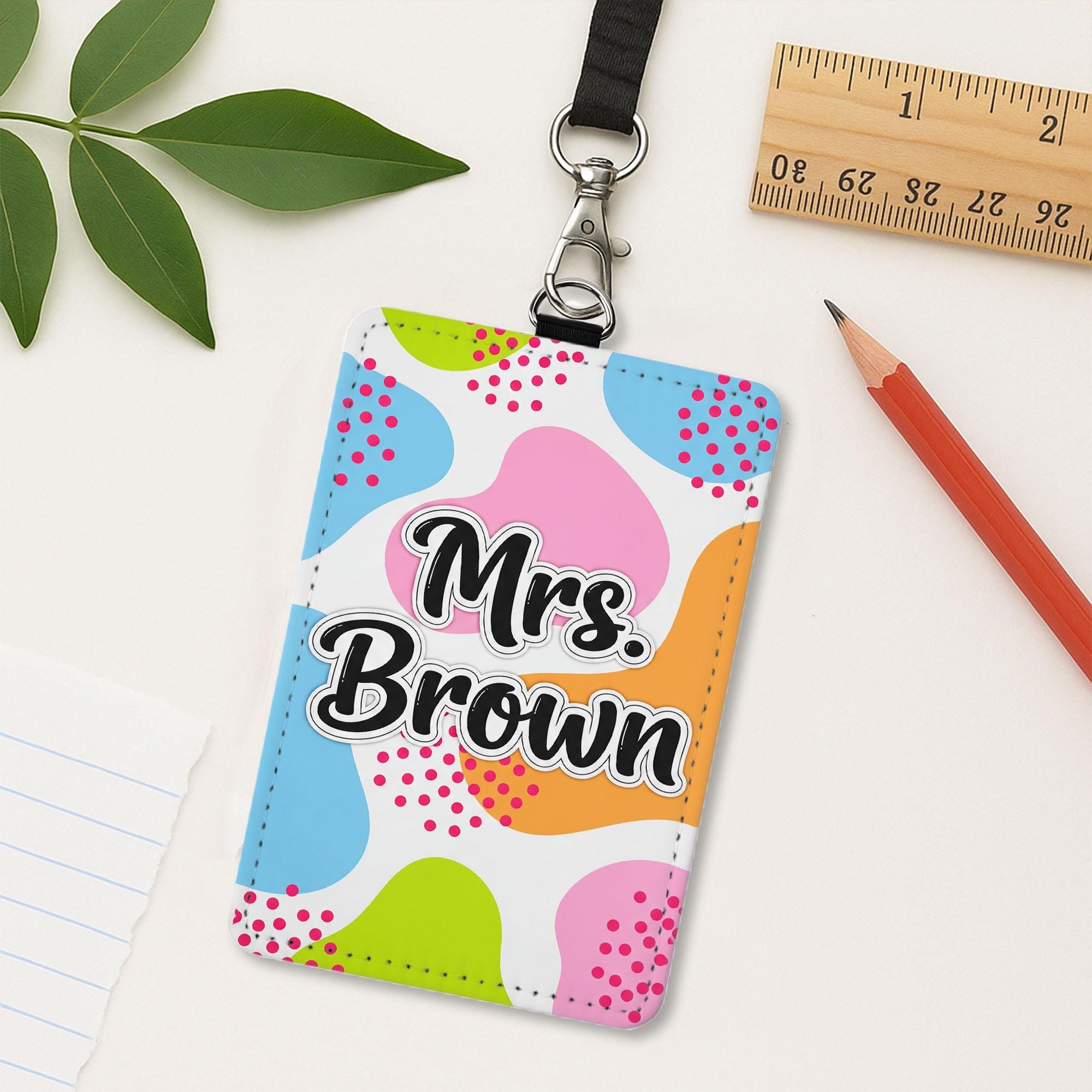 Colorful Teacher Badge Holder, Custom Name ID Tag, Personalized Leather Lanyard, Fun Back to School Gift for Educators