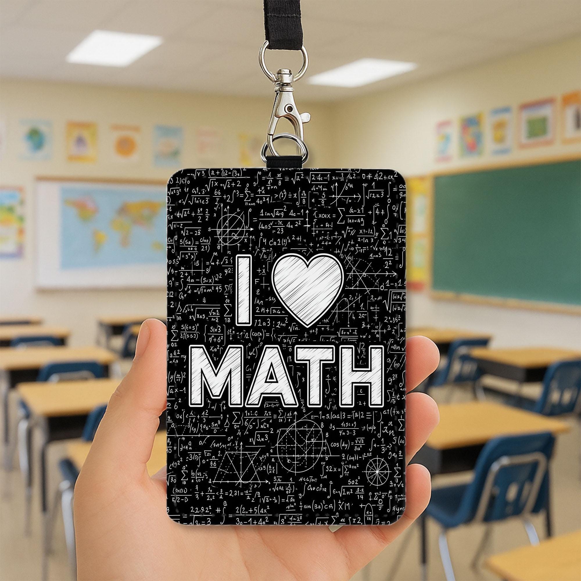 I Love Math Badge Holder, Math Teacher ID Tag, Custom Leather Lanyard, STEM Educator Gift, Back to School Classroom Accessory