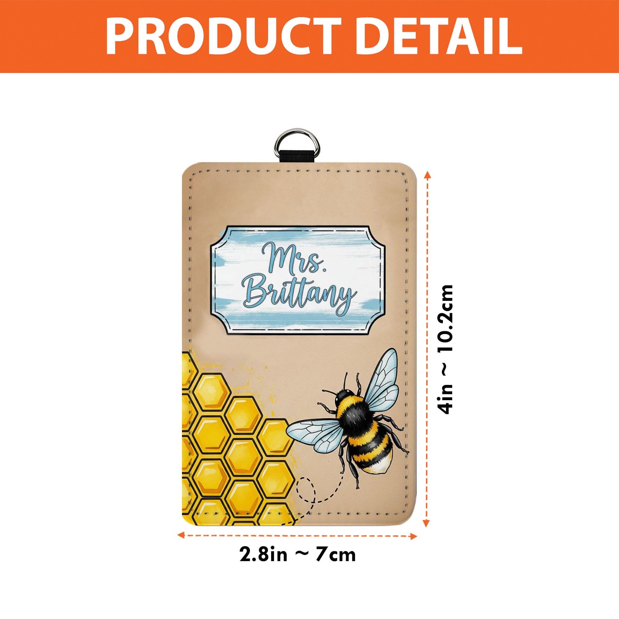 Bee Themed Name Badge Holder, Custom Leather ID Tag for Teachers, Cute Honeybee Lanyard, Personalized Back to School Gift