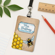 Bee Themed Name Badge Holder, Custom Leather ID Tag for Teachers, Cute Honeybee Lanyard, Personalized Back to School Gift