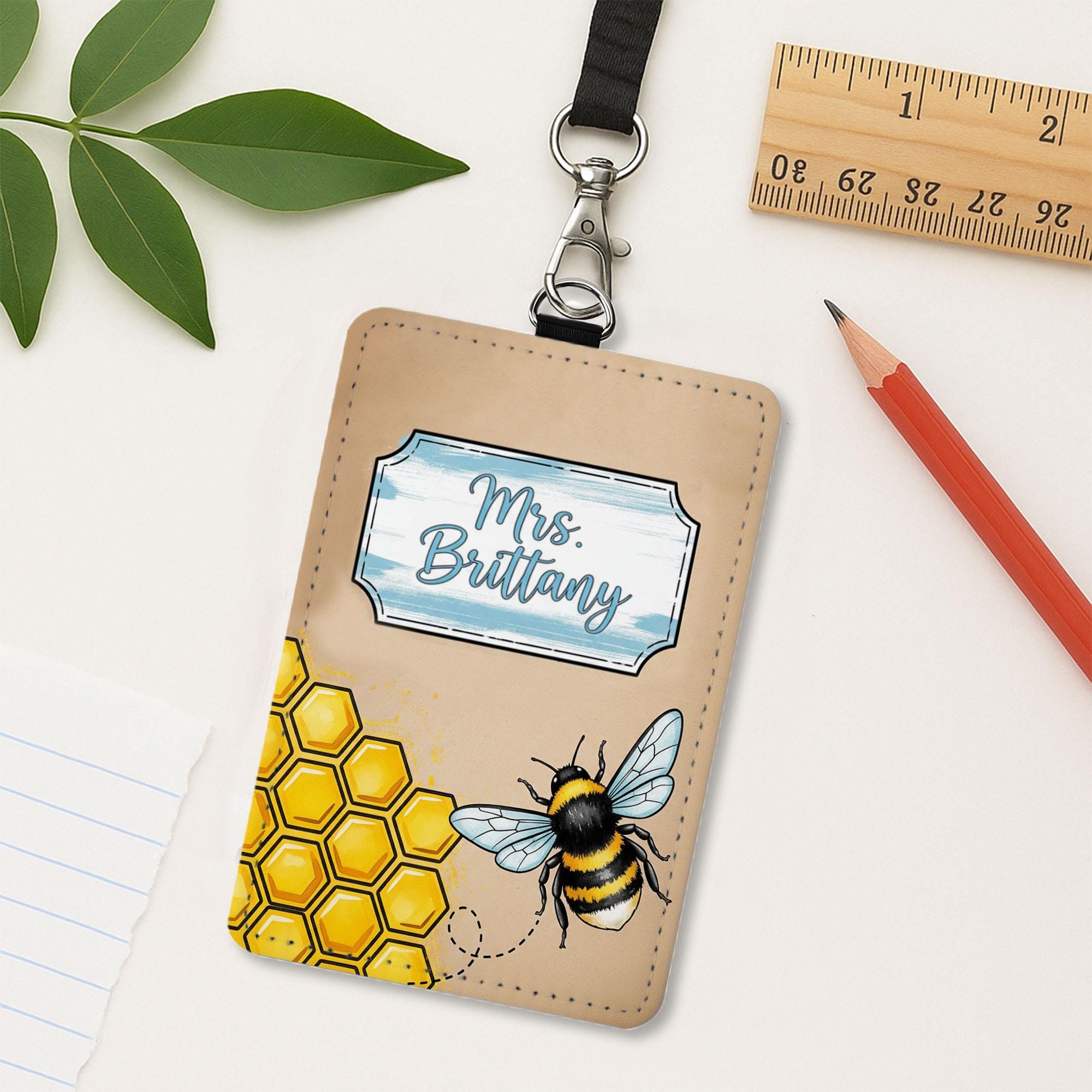 Bee Themed Name Badge Holder, Custom Leather ID Tag for Teachers, Cute Honeybee Lanyard, Personalized Back to School Gift