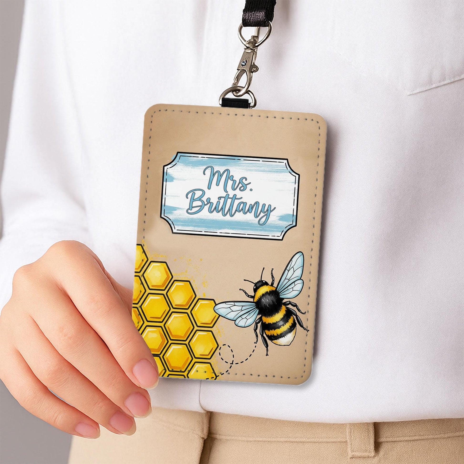 Bee Themed Name Badge Holder, Custom Leather ID Tag for Teachers, Cute Honeybee Lanyard, Personalized Back to School Gift