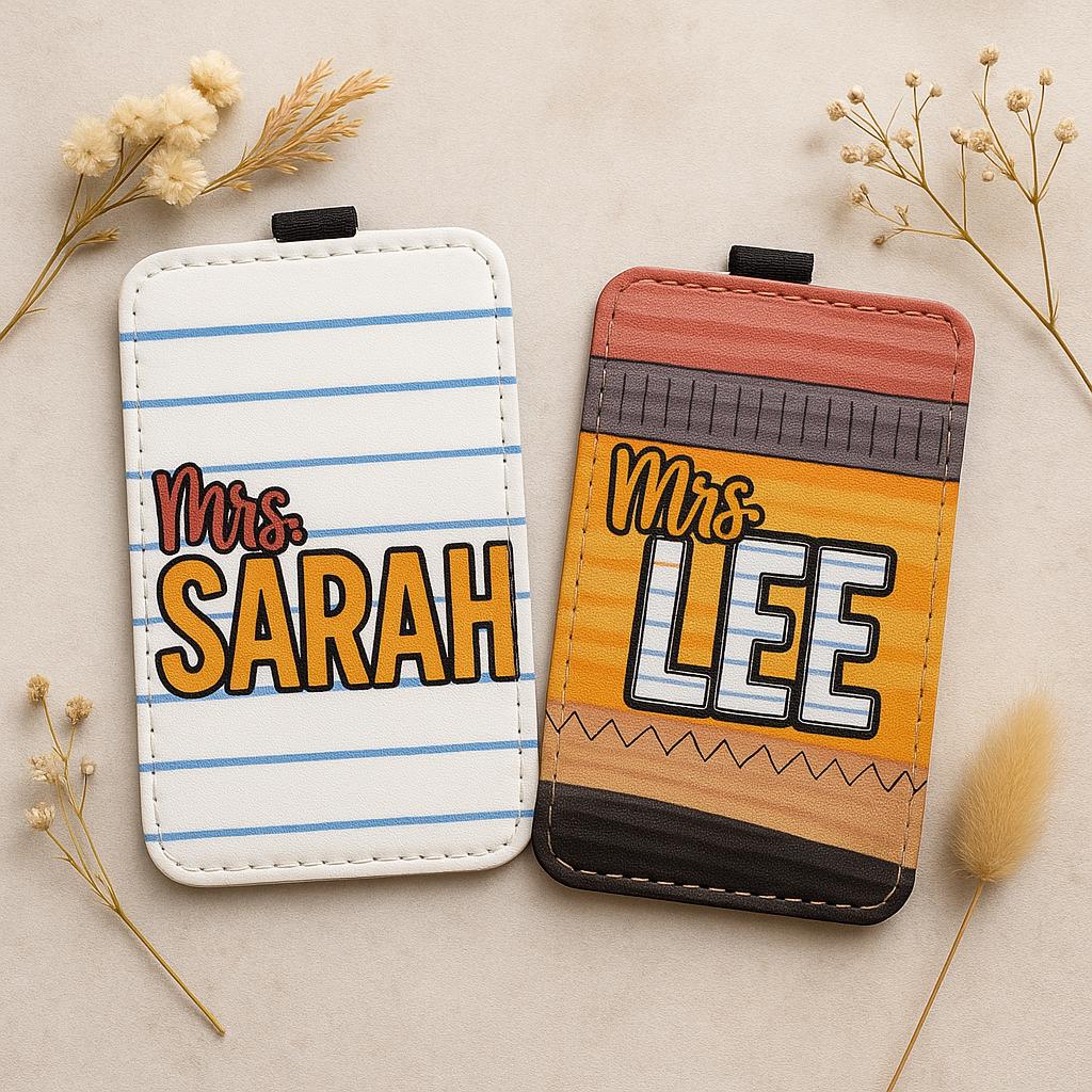 Custom Teacher ID Badge Holder, Personalized Name Tag with Notebook or Pencil Design, Cute Back to School Gift for Educators