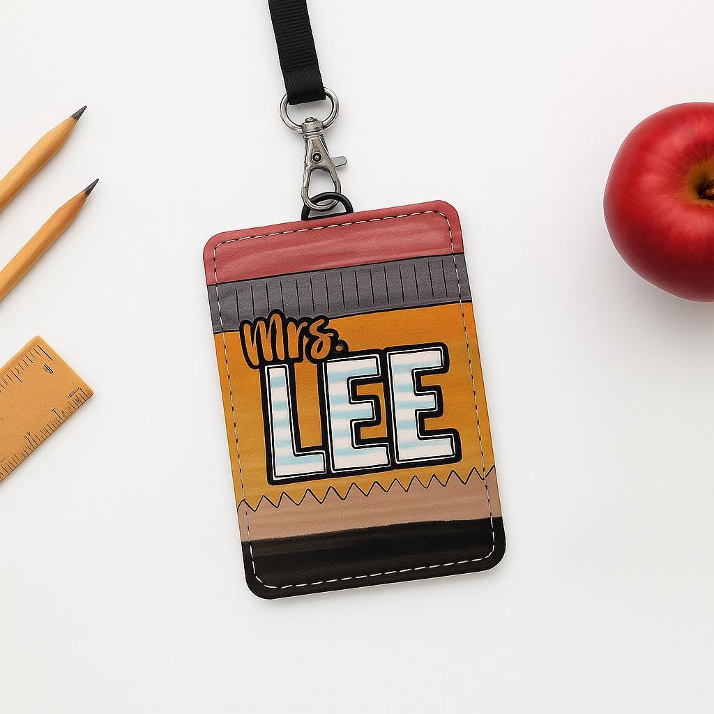 Custom Teacher ID Badge Holder, Personalized Name Tag with Notebook or Pencil Design, Cute Back to School Gift for Educators