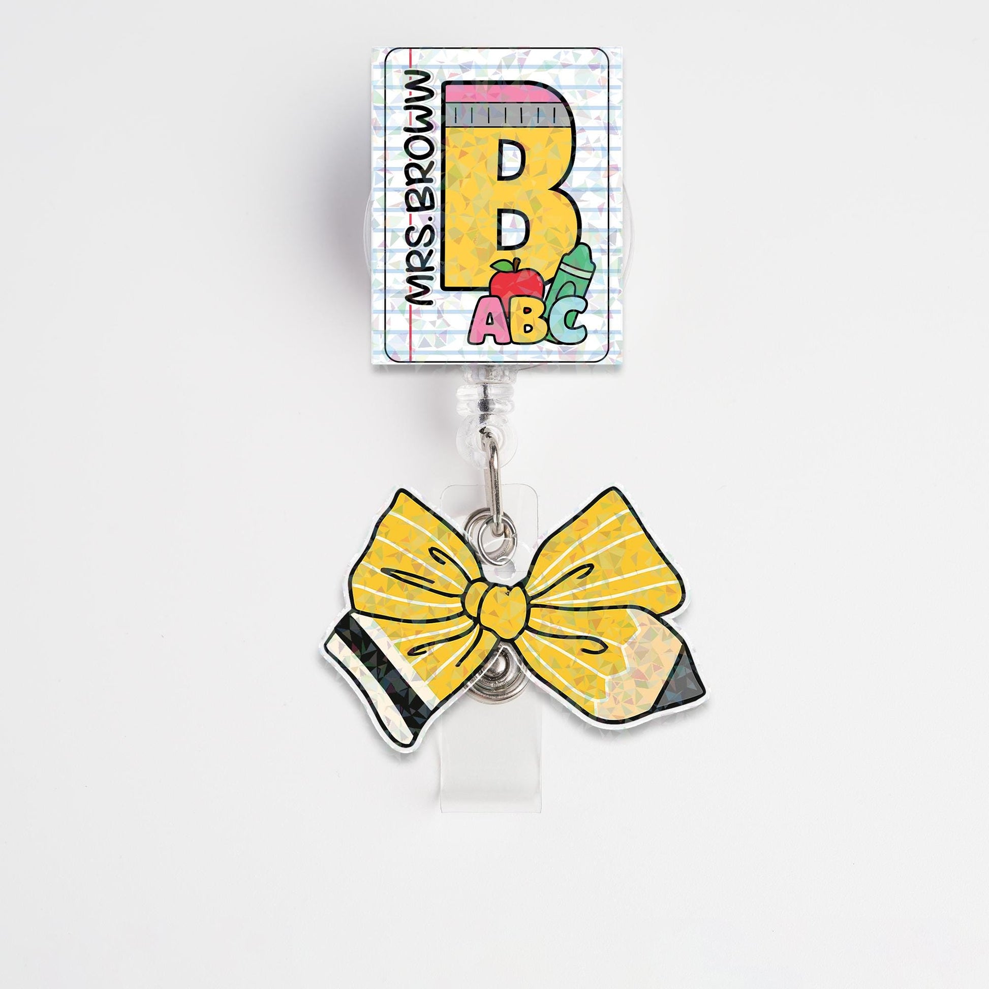 Custom Teacher Badge Reel with Name, Sparkly ABC Design and Yellow Pencil Bow, Personalized Back to School ID Clip for teacher