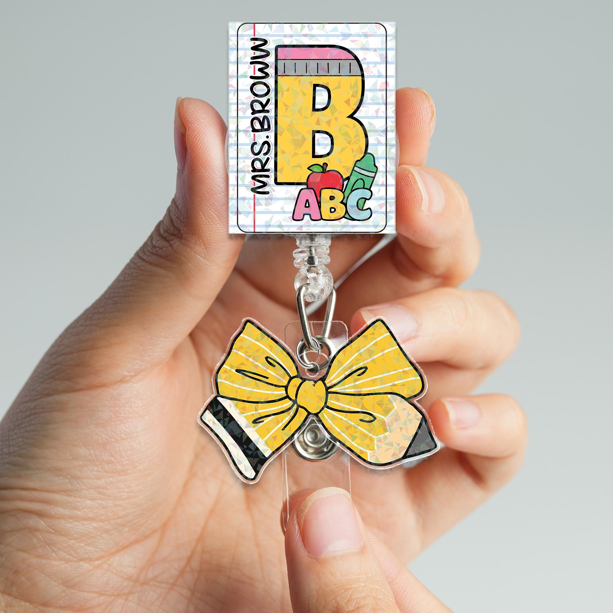 Custom Teacher Badge Reel with Name, Sparkly ABC Design and Yellow Pencil Bow, Personalized Back to School ID Clip for teacher