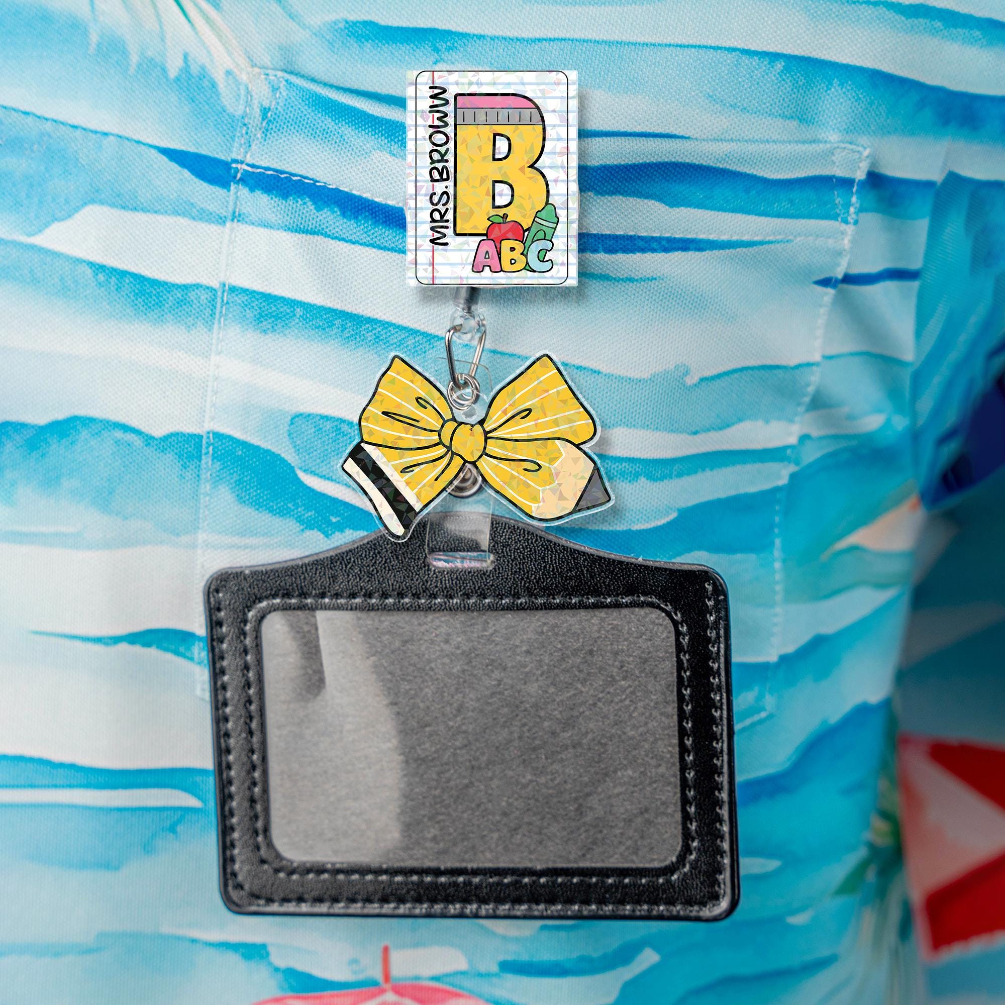 Custom Teacher Badge Reel with Name, Sparkly ABC Design and Yellow Pencil Bow, Personalized Back to School ID Clip for teacher