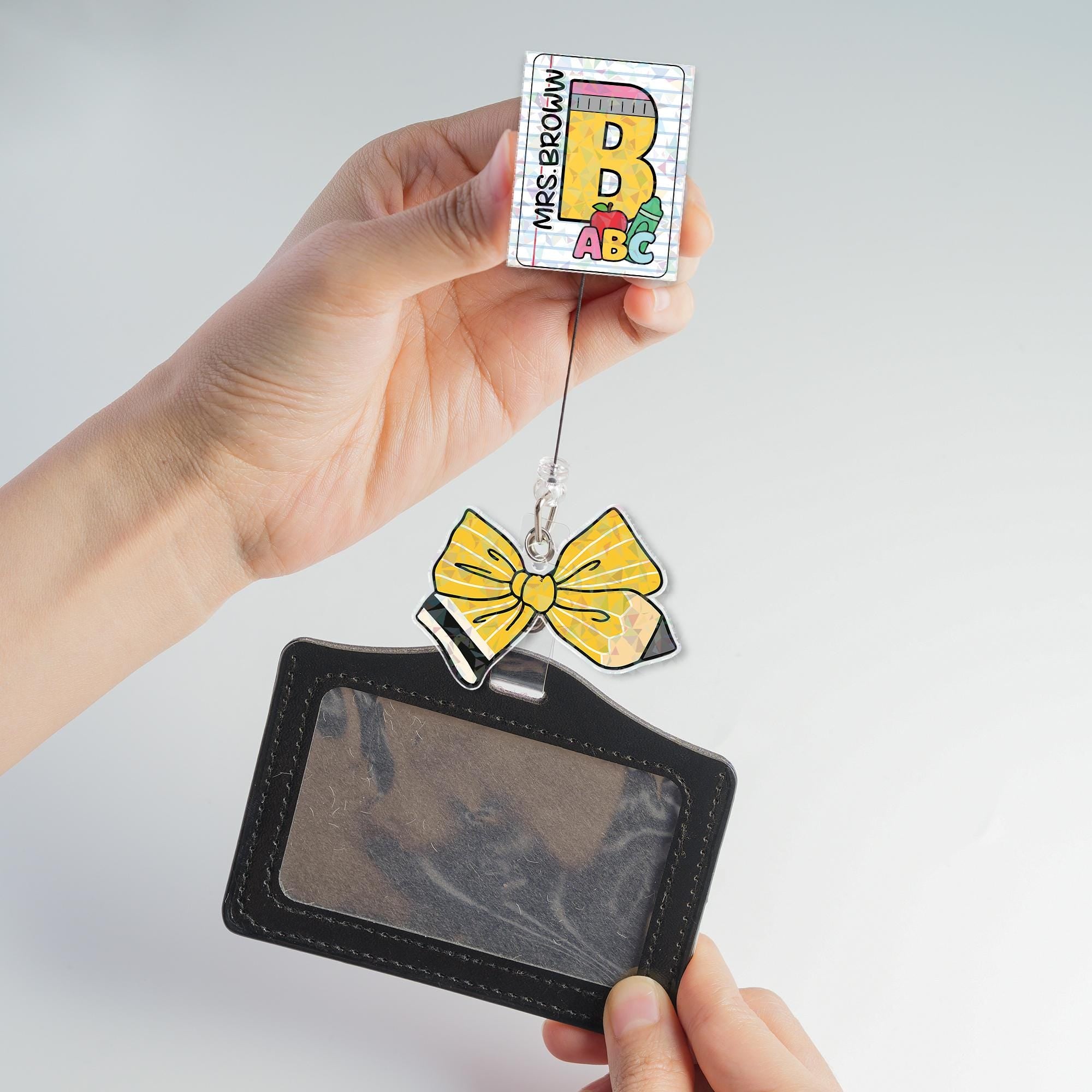 Custom Teacher Badge Reel with Name, Sparkly ABC Design and Yellow Pencil Bow, Personalized Back to School ID Clip for teacher