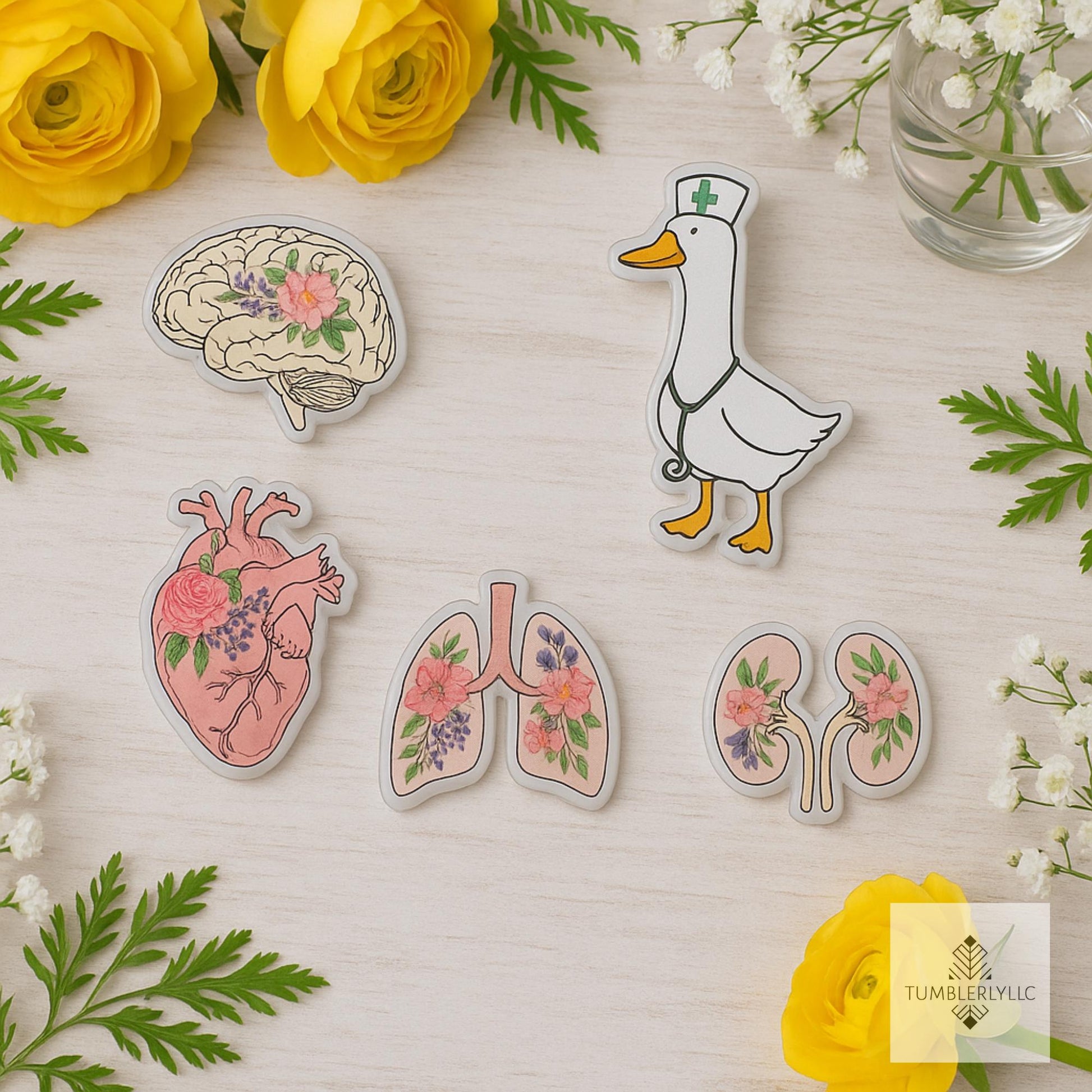 Floral Anatomy Shoe Charms, Custom Acrylic Accessories Set, Cute Nurse silly goose Charm, Medical Organs with Flowers Gift for Healthcare