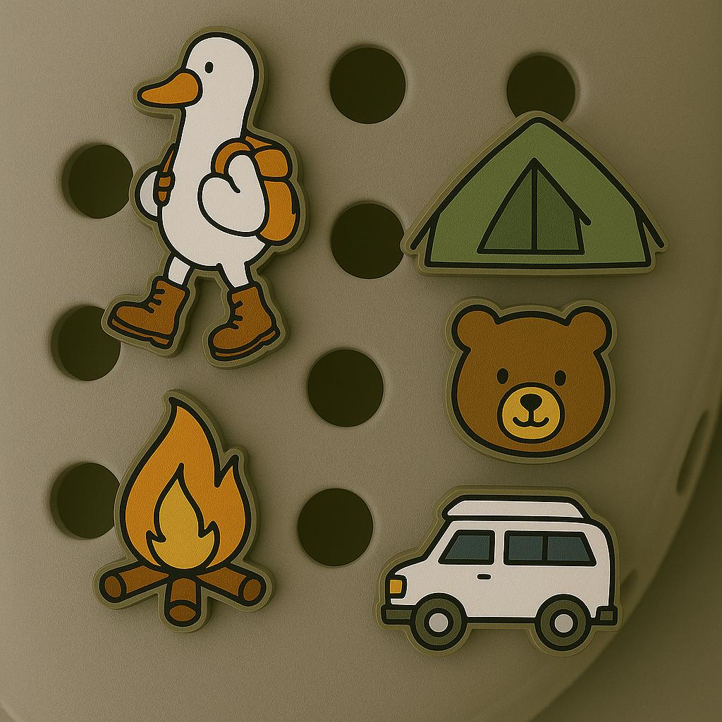 Camping Shoe Charms Set, Custom Summer Acrylic sandal Accessories, Hiking silly goose, custom charm, Campfire, Bear & Outdoor Gift