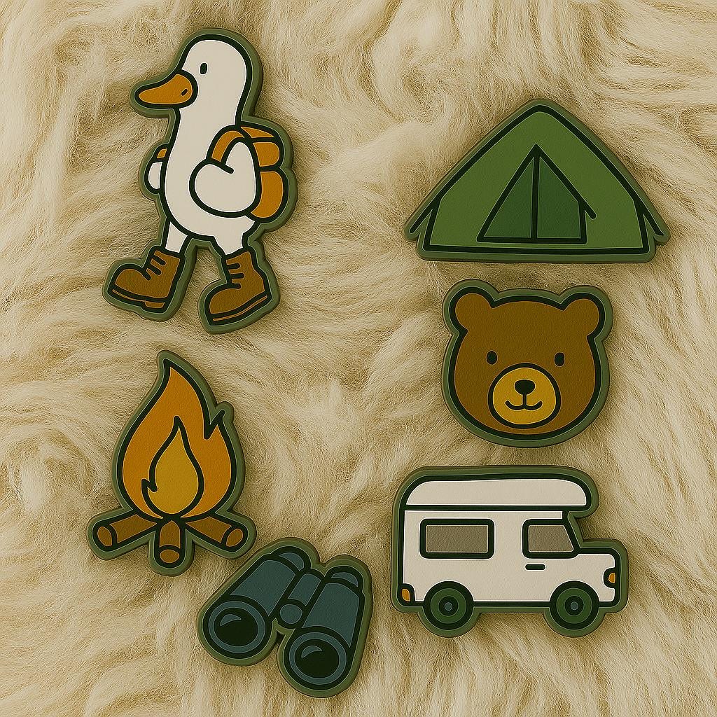 Camping Shoe Charms Set, Custom Summer Acrylic sandal Accessories, Hiking silly goose, custom charm, Campfire, Bear & Outdoor Gift