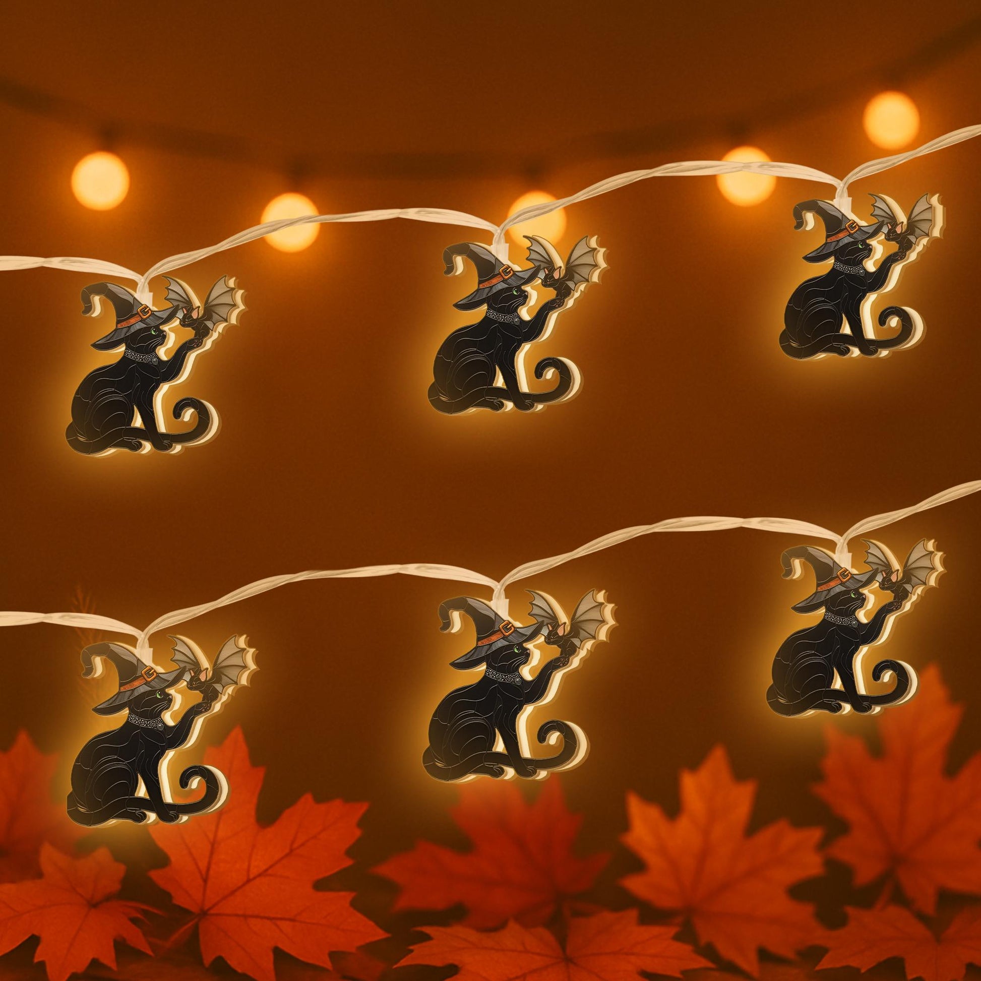Halloween Cat String Lights – Witch Black Cat Fairy Lights for Spooky Decor, Indoor Halloween Room Lighting, Fall Party Garland