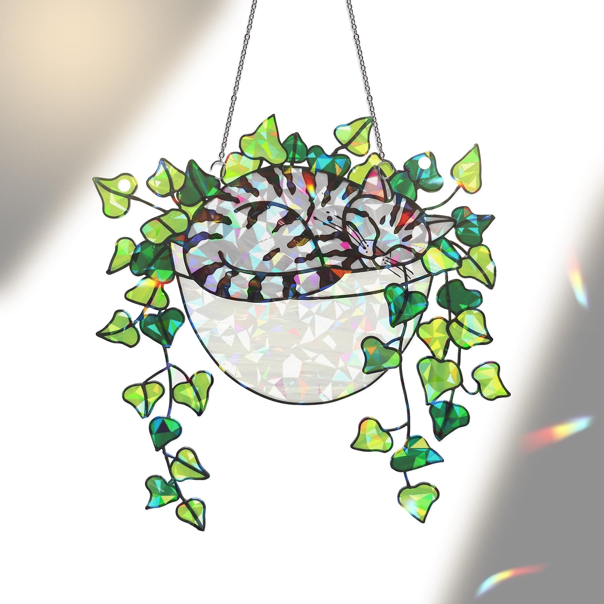 Gray Tabby Cat Sleeping on Ivy Hologram Ornament, Cat ACRYLIC Window Hanging, Plant Lover Gift, Ivy Plants Decor, Cat Decor, Gift For Mom