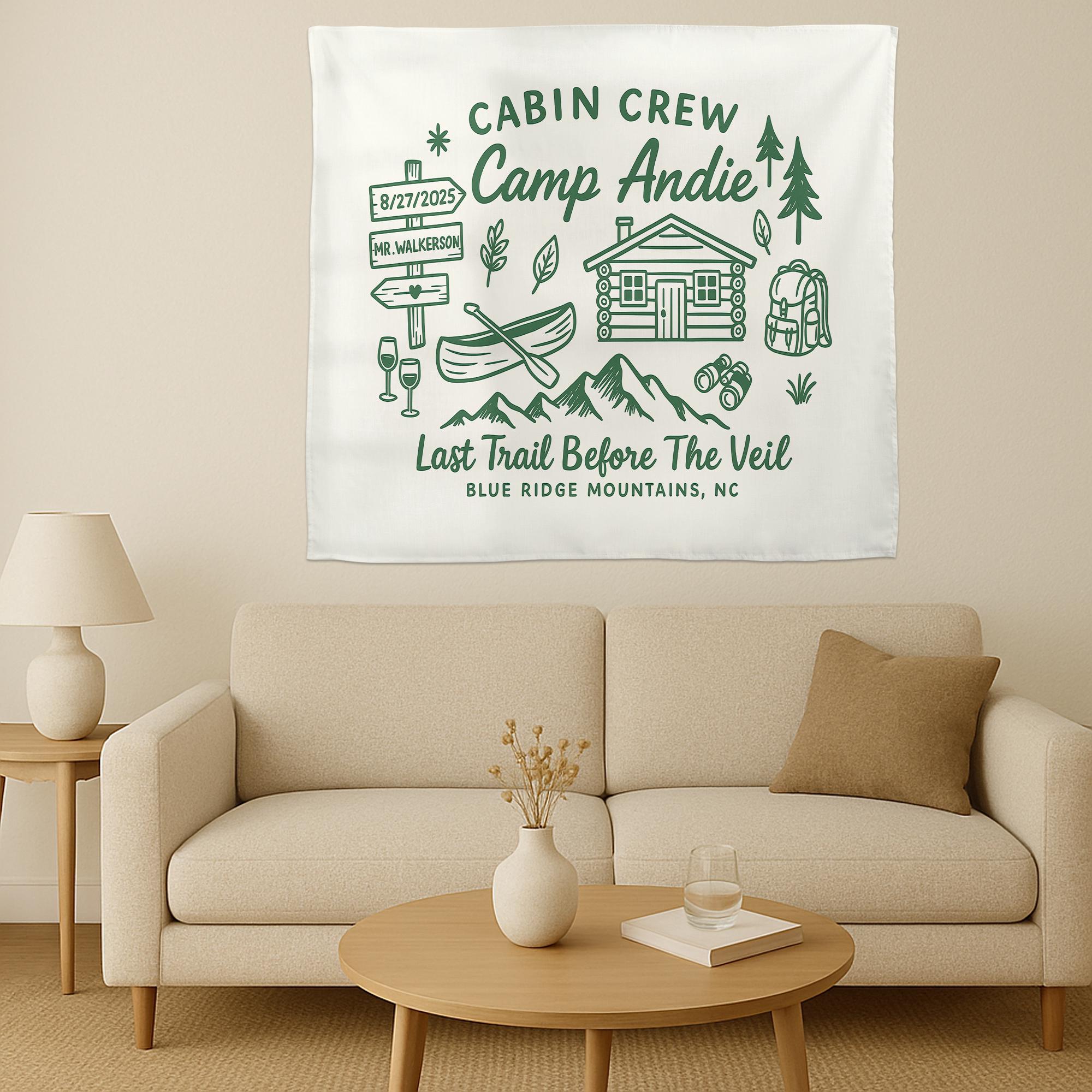 Camp Bachelorette Tapestry – Custom Last Trail Before the Veil Banner, Cabin Crew Bridal Shower Gift, Outdoor Wedding Decor