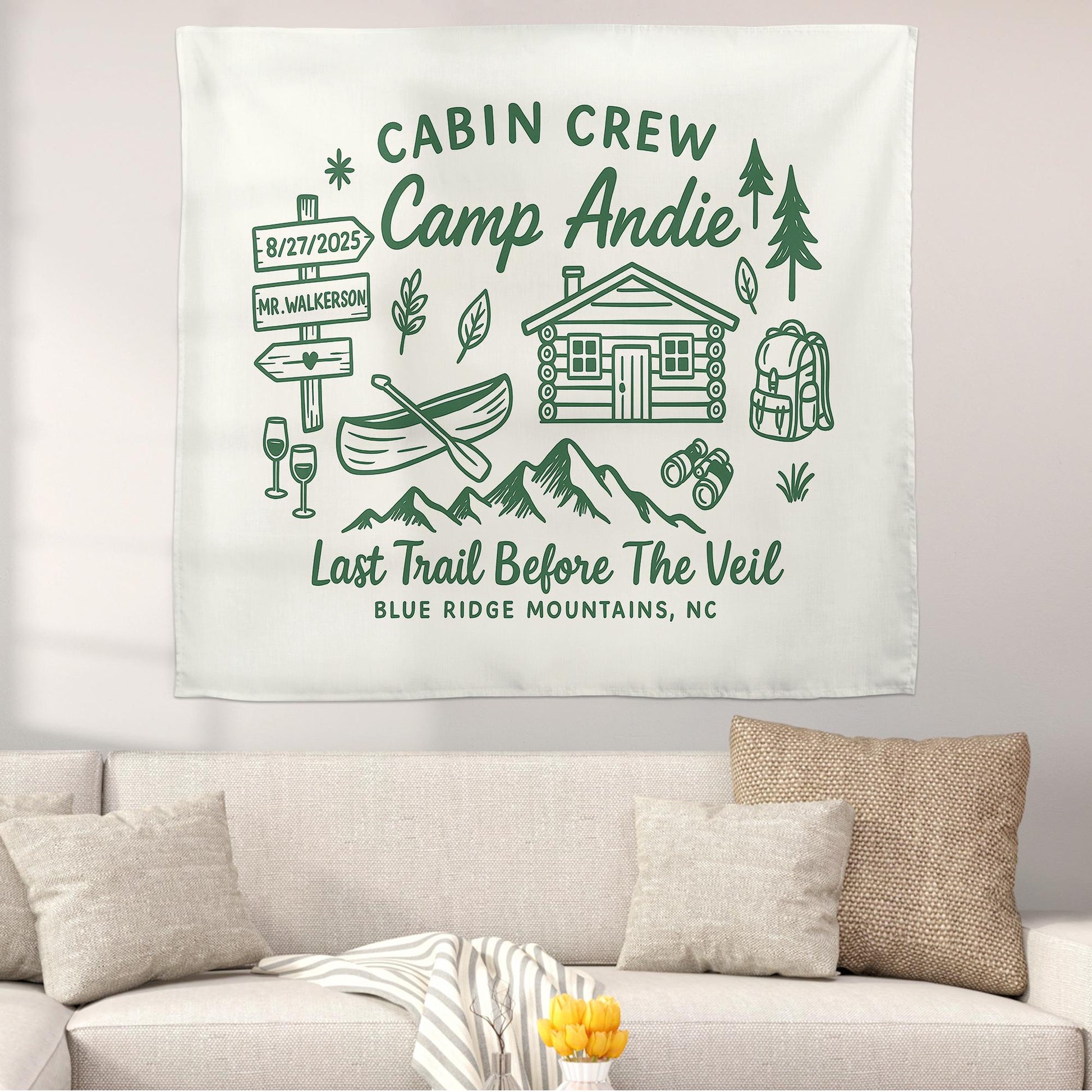 Camp Bachelorette Tapestry – Custom Last Trail Before the Veil Banner, Cabin Crew Bridal Shower Gift, Outdoor Wedding Decor