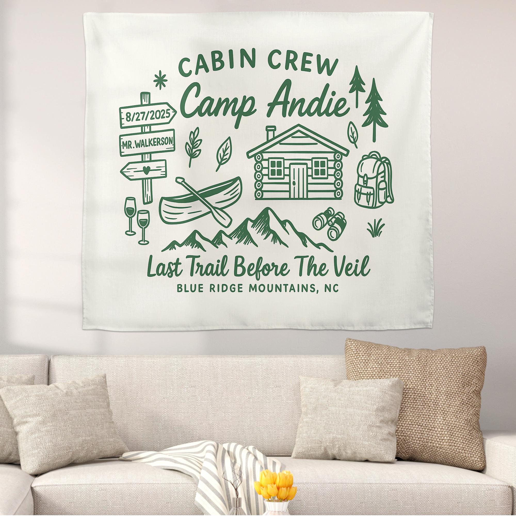 Camp Bachelorette Tapestry – Custom Last Trail Before the Veil Banner, Cabin Crew Bridal Shower Gift, Outdoor Wedding Decor