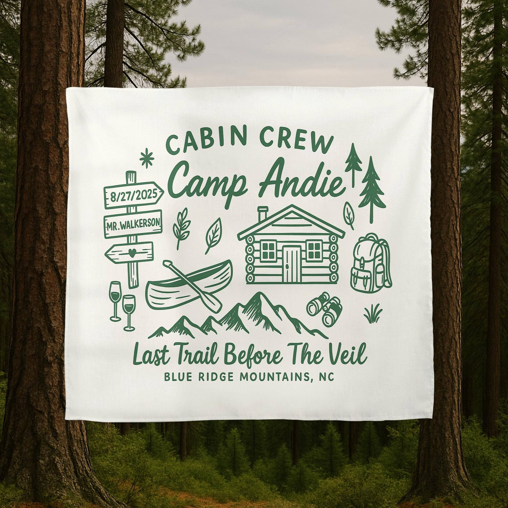 Camp Bachelorette Tapestry – Custom Last Trail Before the Veil Banner, Cabin Crew Bridal Shower Gift, Outdoor Wedding Decor
