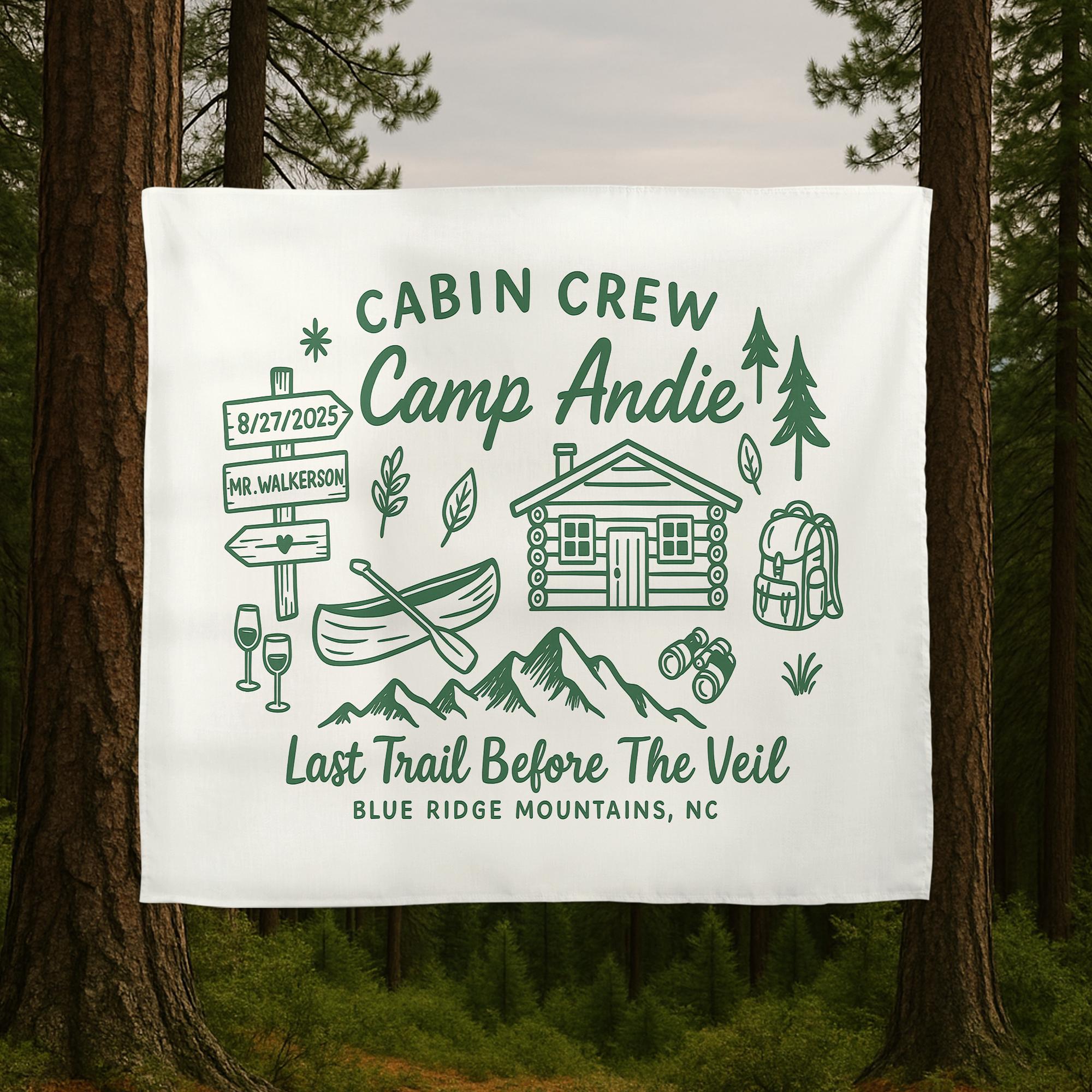 Camp Bachelorette Tapestry – Custom Last Trail Before the Veil Banner, Cabin Crew Bridal Shower Gift, Outdoor Wedding Decor