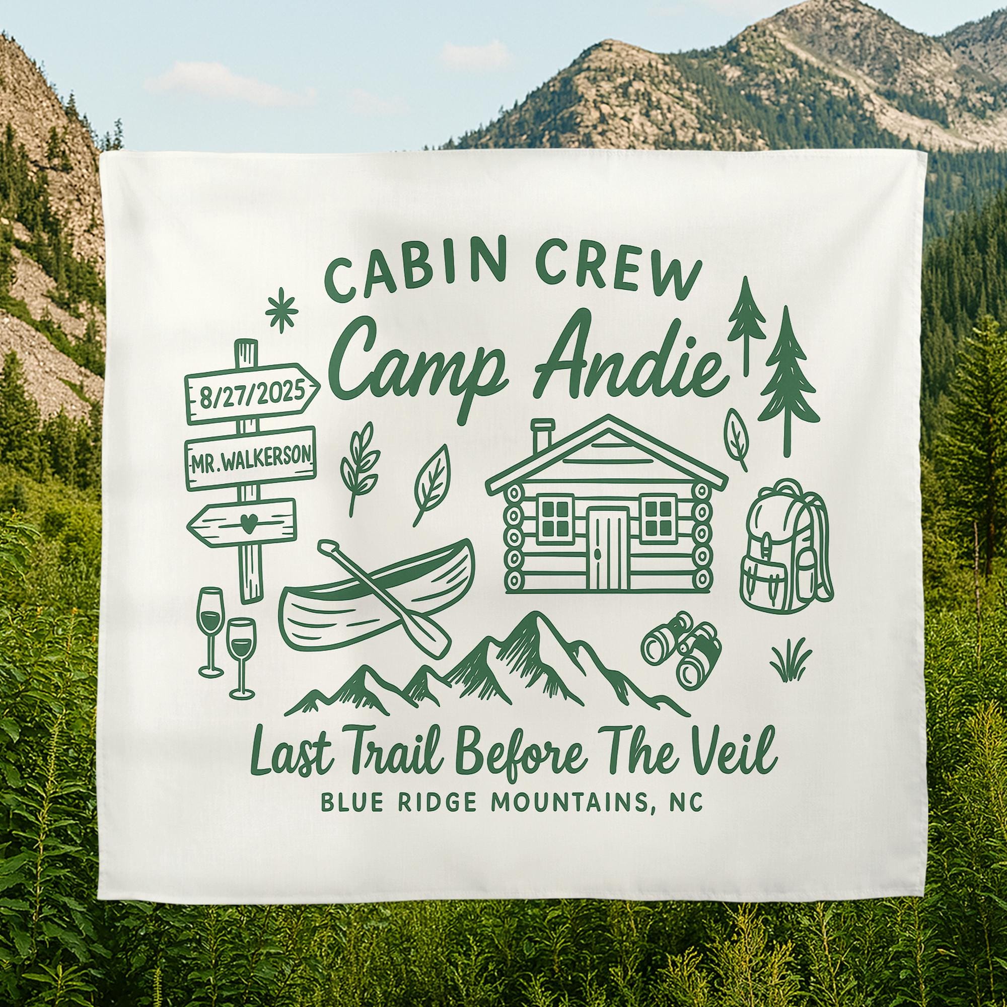 Camp Bachelorette Tapestry – Custom Last Trail Before the Veil Banner, Cabin Crew Bridal Shower Gift, Outdoor Wedding Decor
