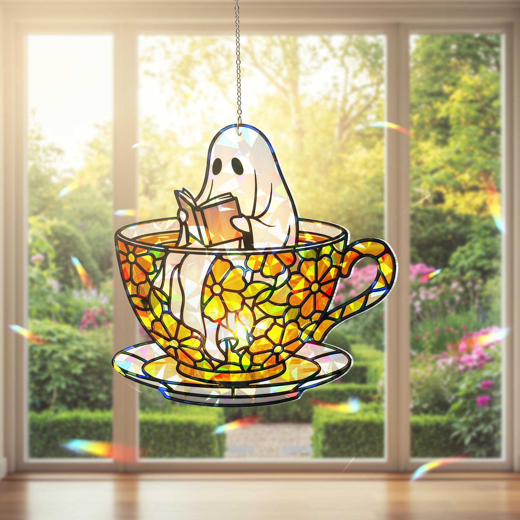 Ghost in Teacup Suncatcher – Holographic Acrylic Window Decor, Cute Reading Ghost, Cottagecore Spooky Gift, bookish gift
