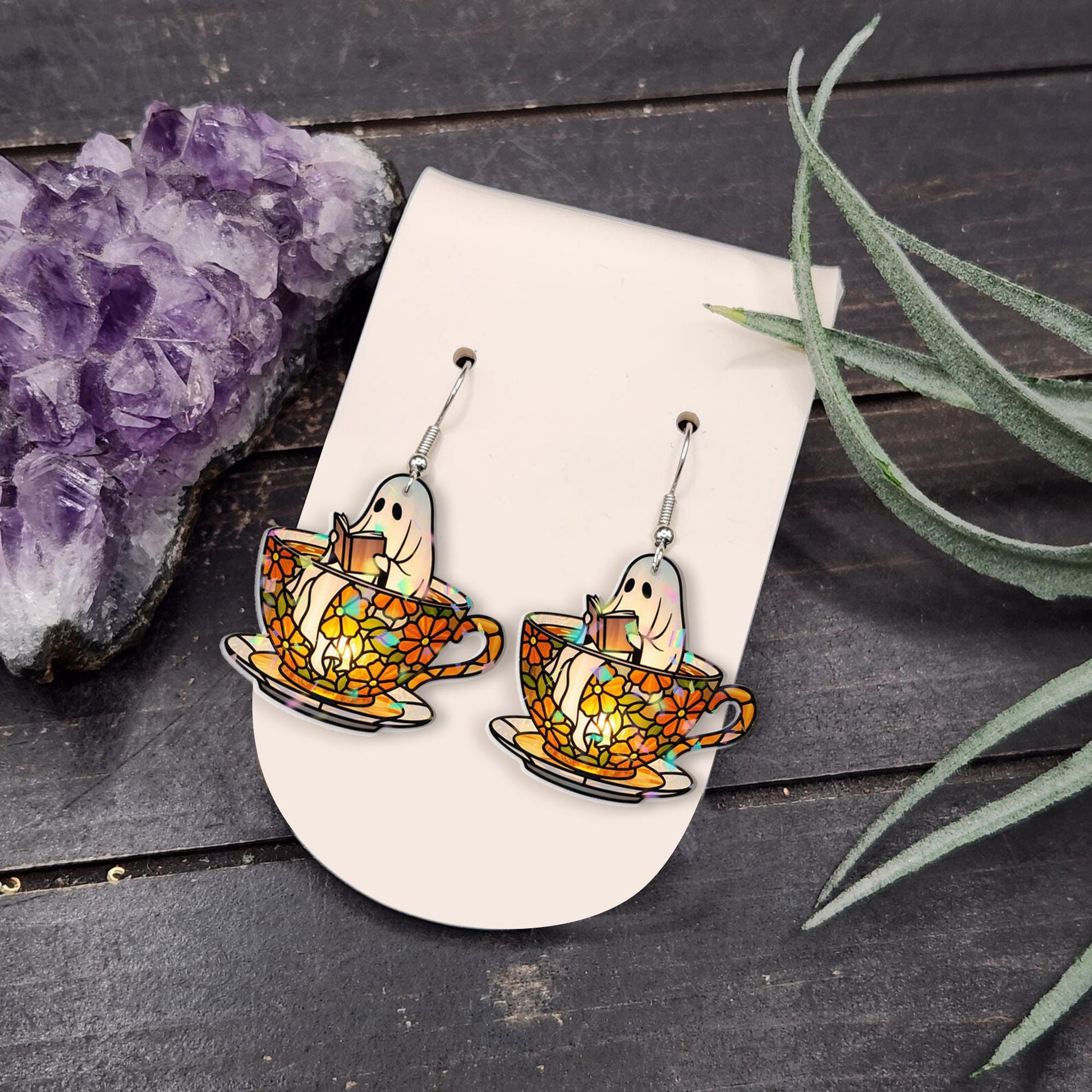 Ghost Teacup Earrings – Cute Spooky Acrylic Earrings, Camp Partner Gift, Cozy Fall Ghost Jewelry, Cottagecore Halloween Dangles