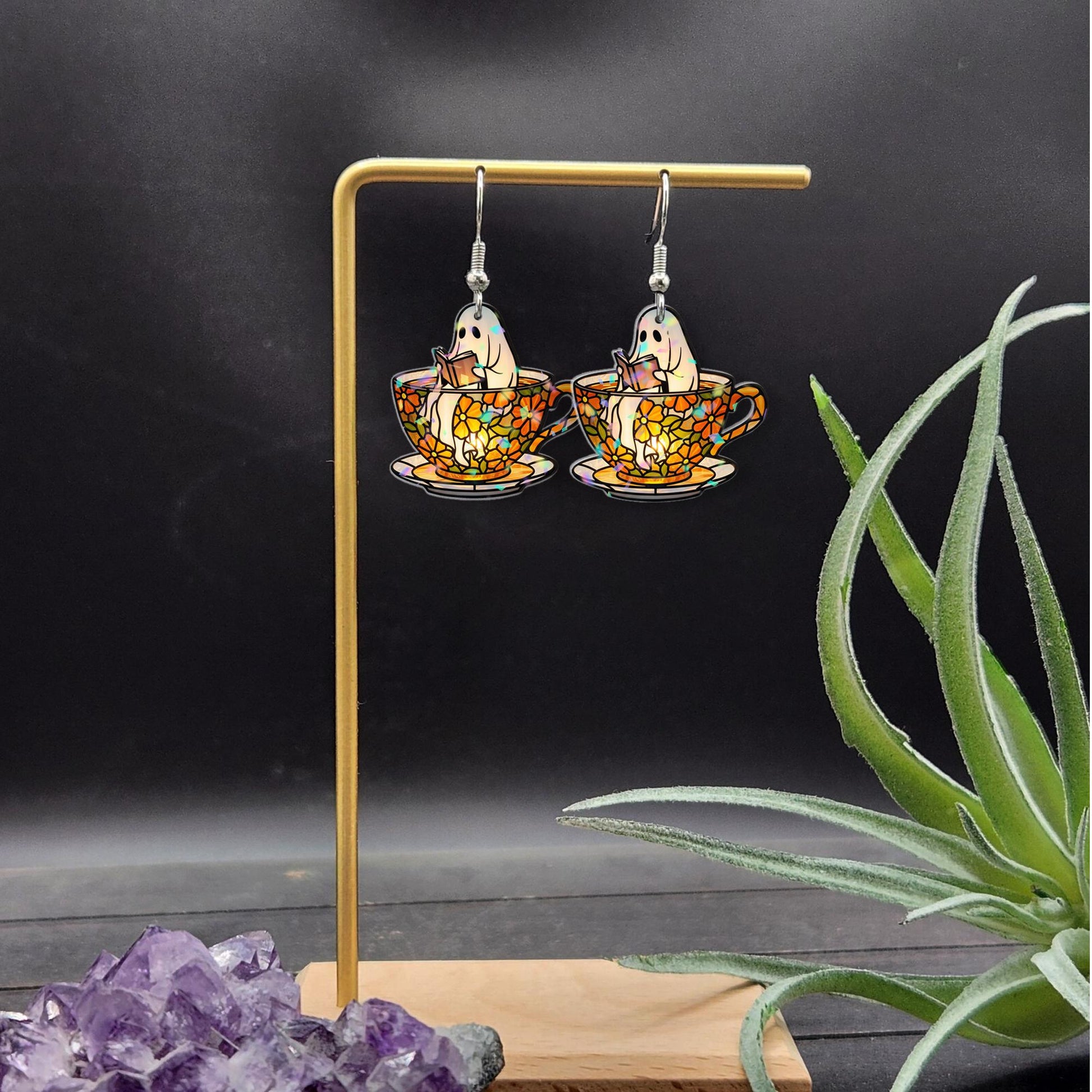 Ghost Teacup Earrings – Cute Spooky Acrylic Earrings, Camp Partner Gift, Cozy Fall Ghost Jewelry, Cottagecore Halloween Dangles