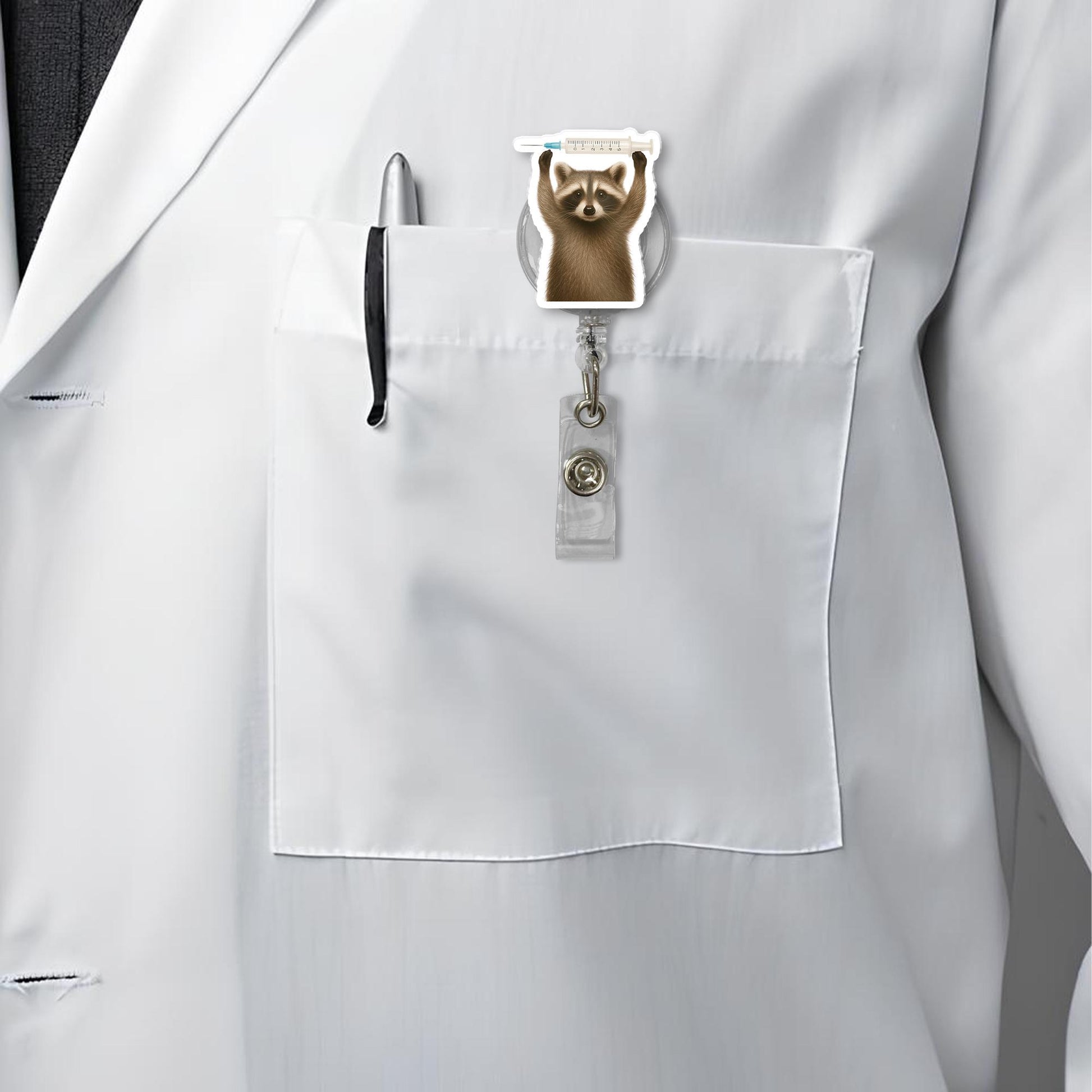 Raccoon Nurse Badge Reel – Cute Animal ID Holder with Syringe, Funny RN crna icu Badge Clip, Vet Tech or Medical Gift