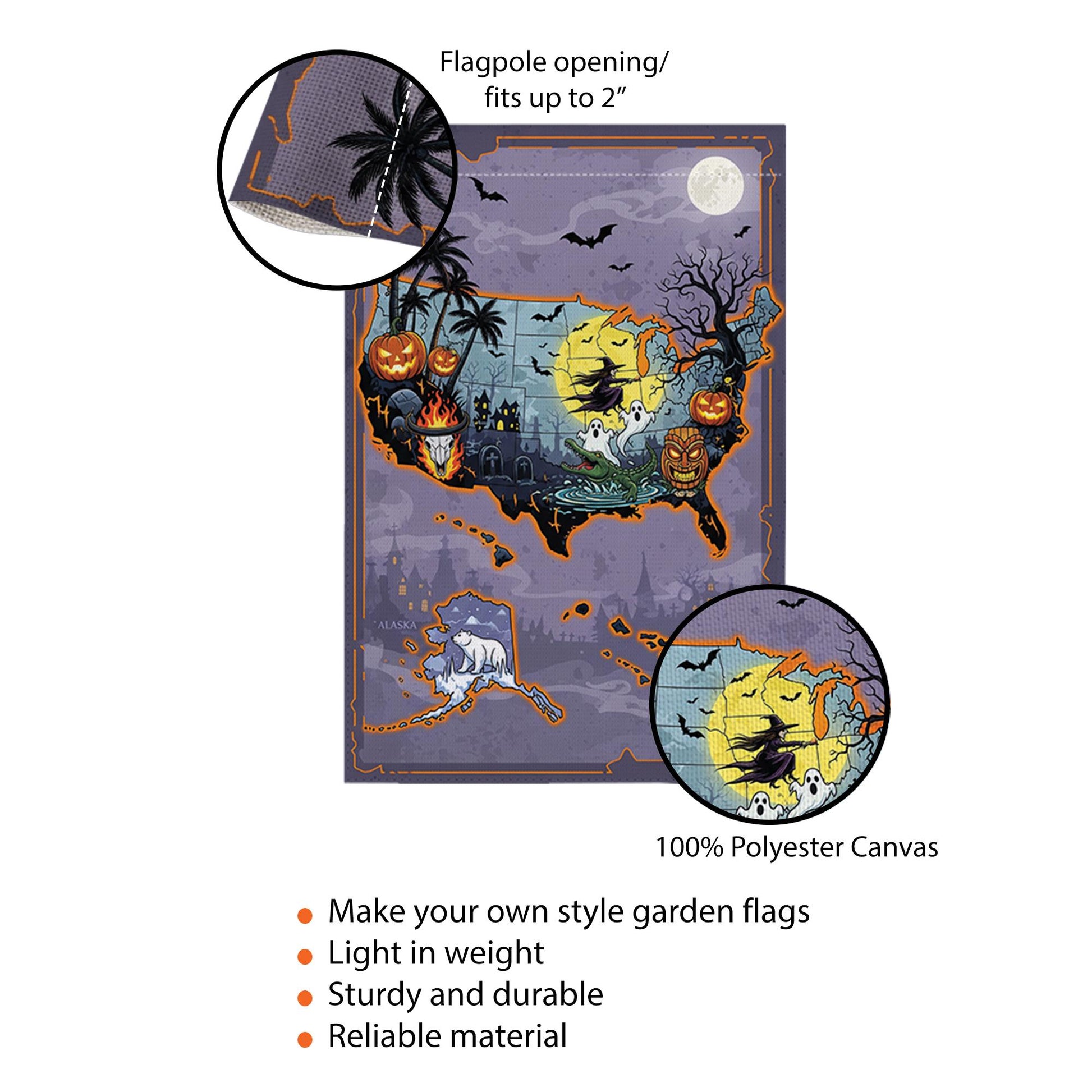 Halloween USA Map Garden Flag, Haunted House Yard Decor, Spooky Fall Outdoor Banner, Trick or Treat Witch Ghost Pumpkin Map Flag