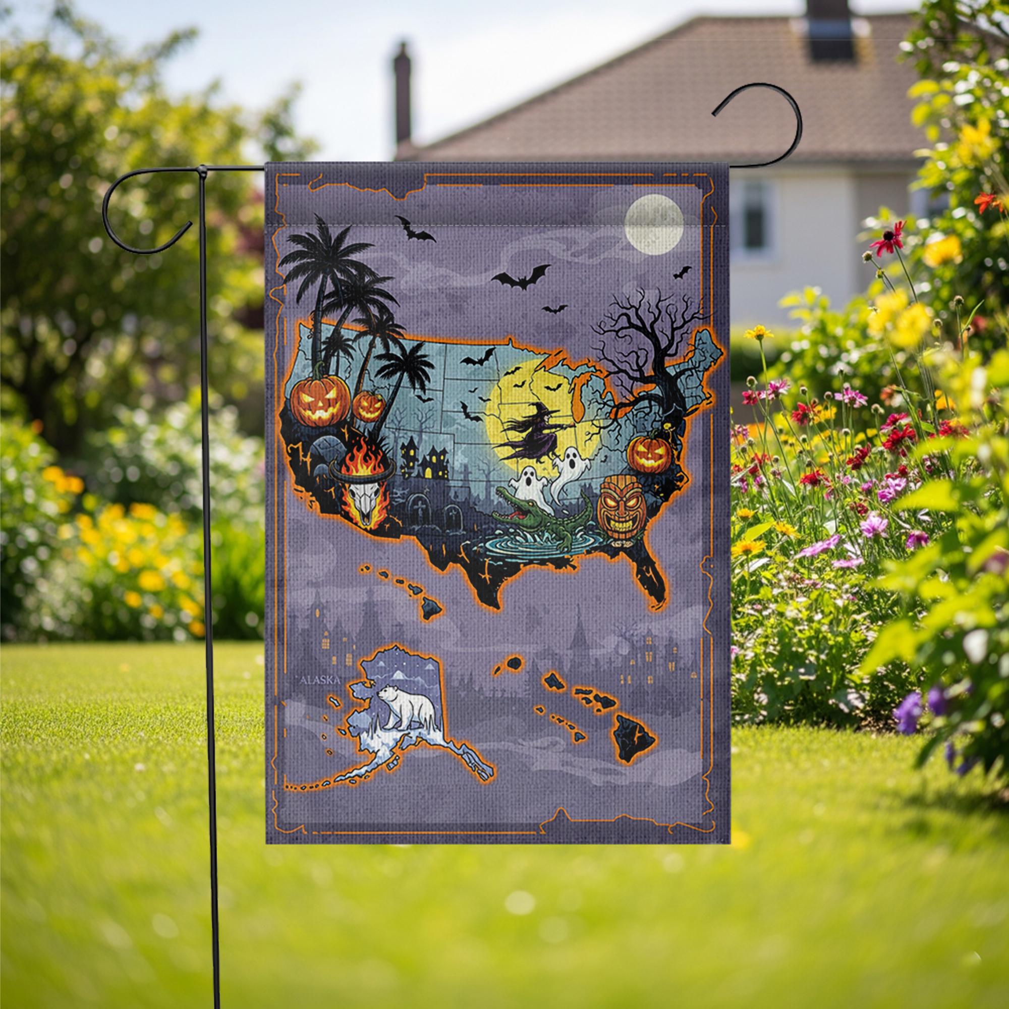 Halloween USA Map Garden Flag, Haunted House Yard Decor, Spooky Fall Outdoor Banner, Trick or Treat Witch Ghost Pumpkin Map Flag