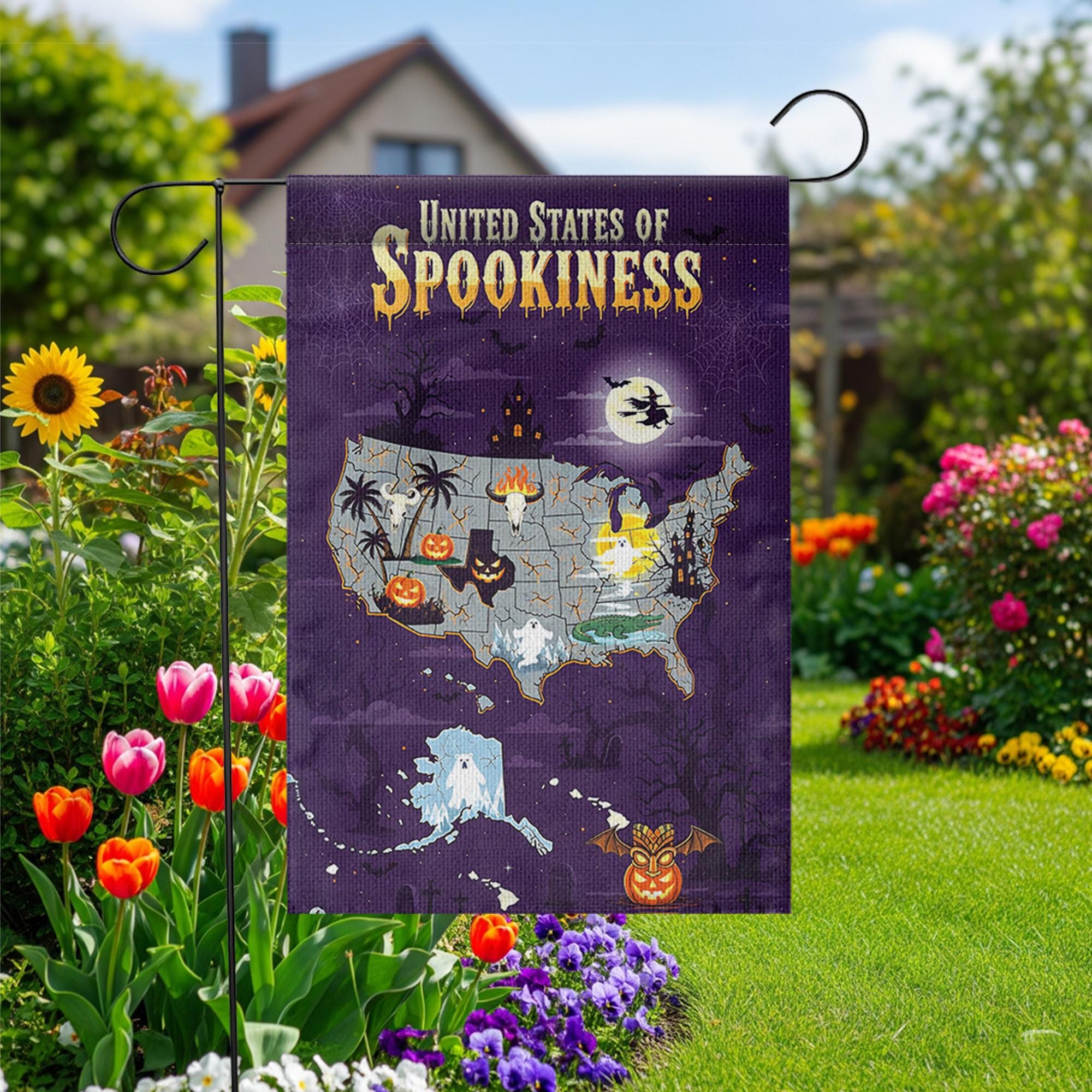 United States of Spookiness Halloween Map Flag, Scary Haunted Yard Banner, Ghost Witch Pumpkin Fall Outdoor Garden Decoration