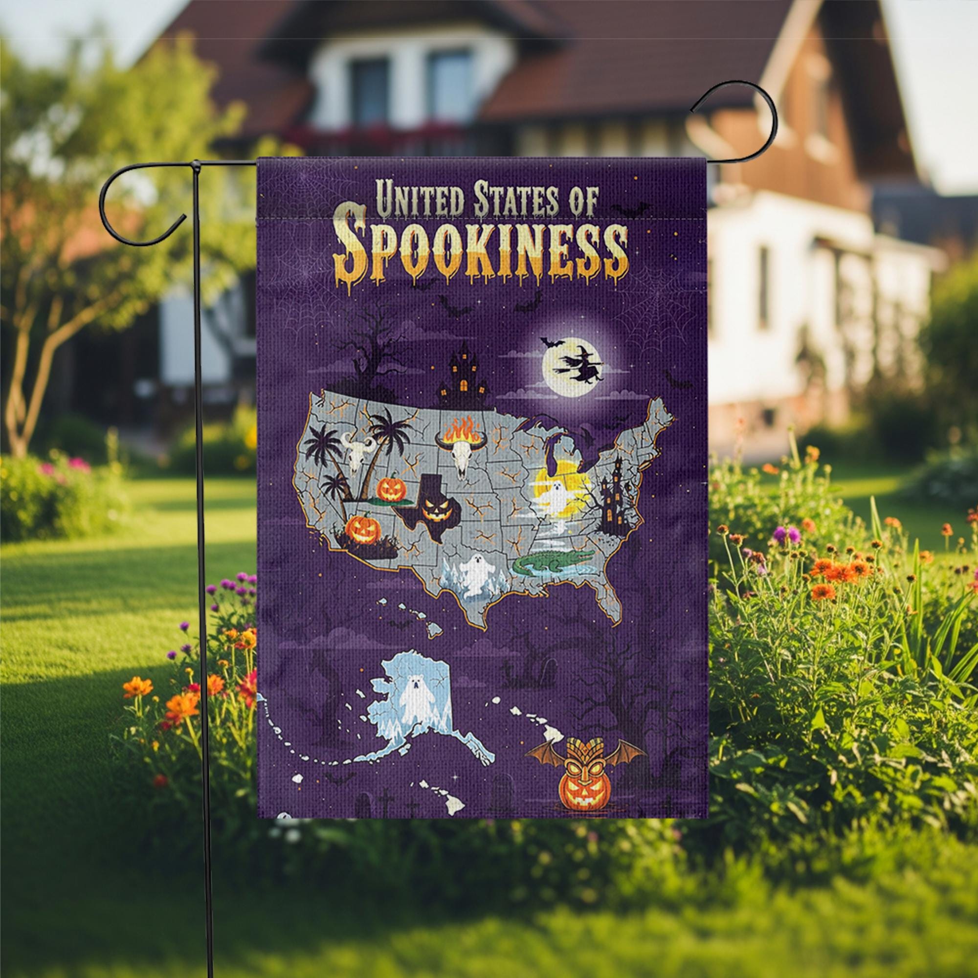United States of Spookiness Halloween Map Flag, Scary Haunted Yard Banner, Ghost Witch Pumpkin Fall Outdoor Garden Decoration