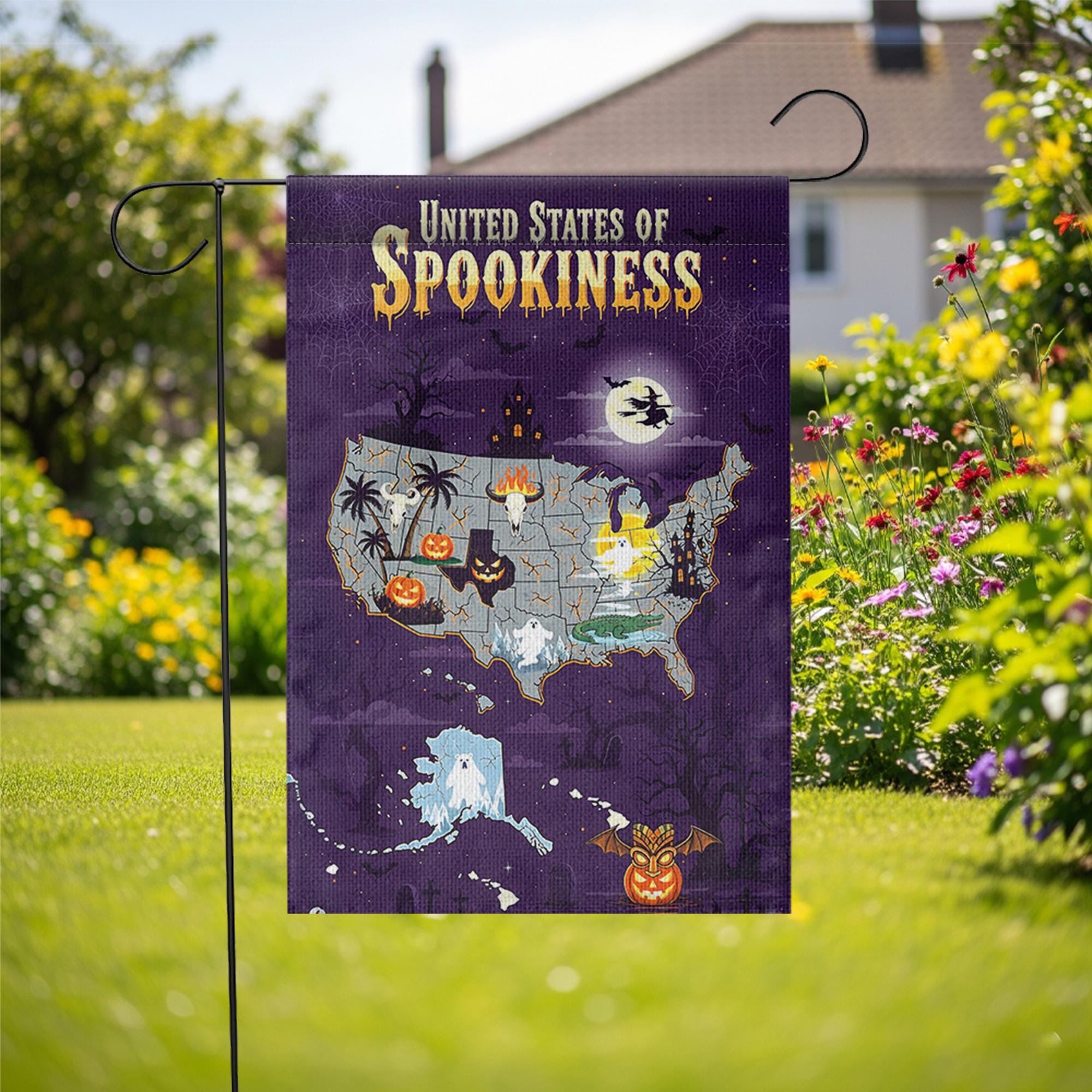 United States of Spookiness Halloween Map Flag, Scary Haunted Yard Banner, Ghost Witch Pumpkin Fall Outdoor Garden Decoration
