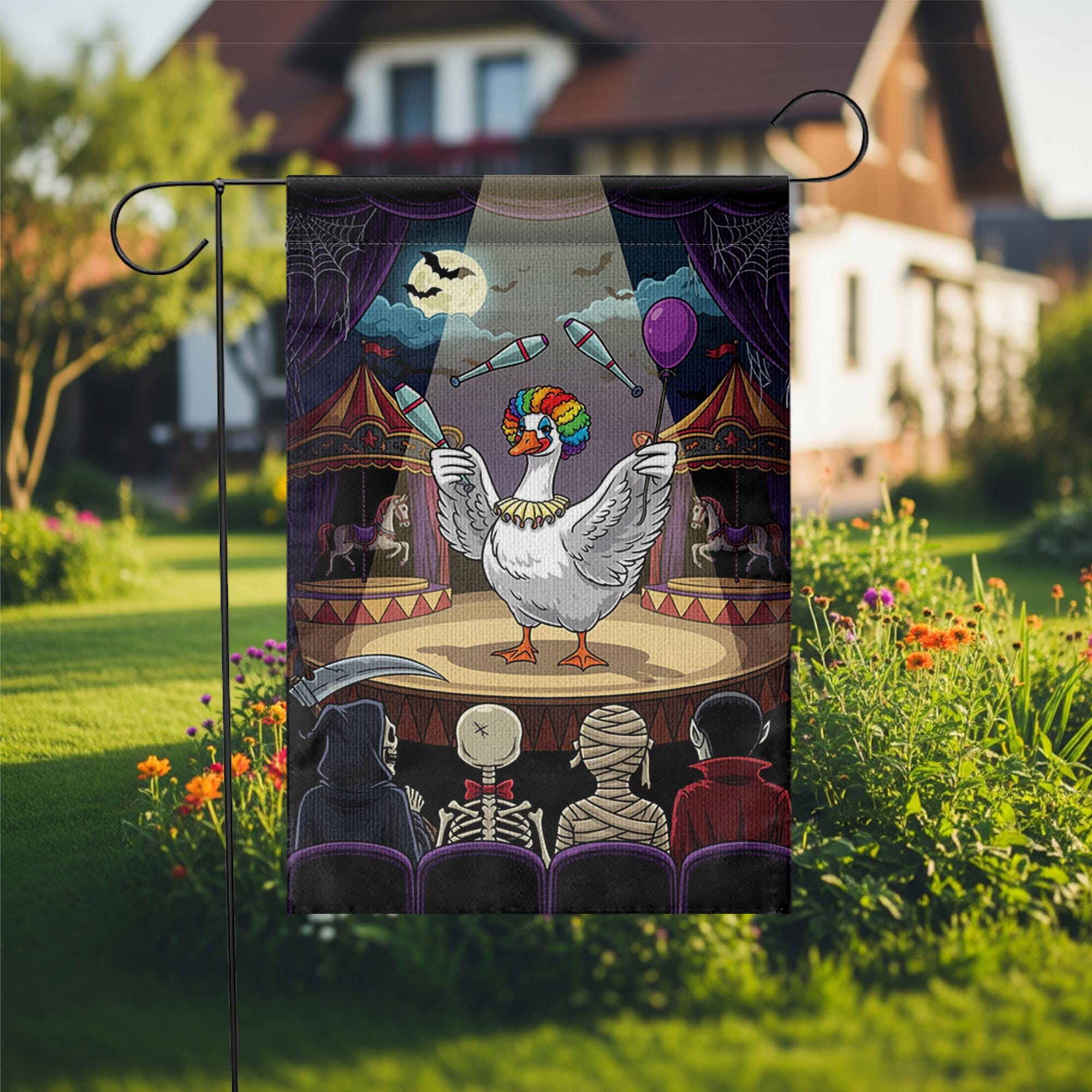 Halloween Goose Circus Garden Flag, Funny Clown Juggling Yard Banner, Spooky Fall Outdoor Decoration, Haunted Carnival Lawn Decor