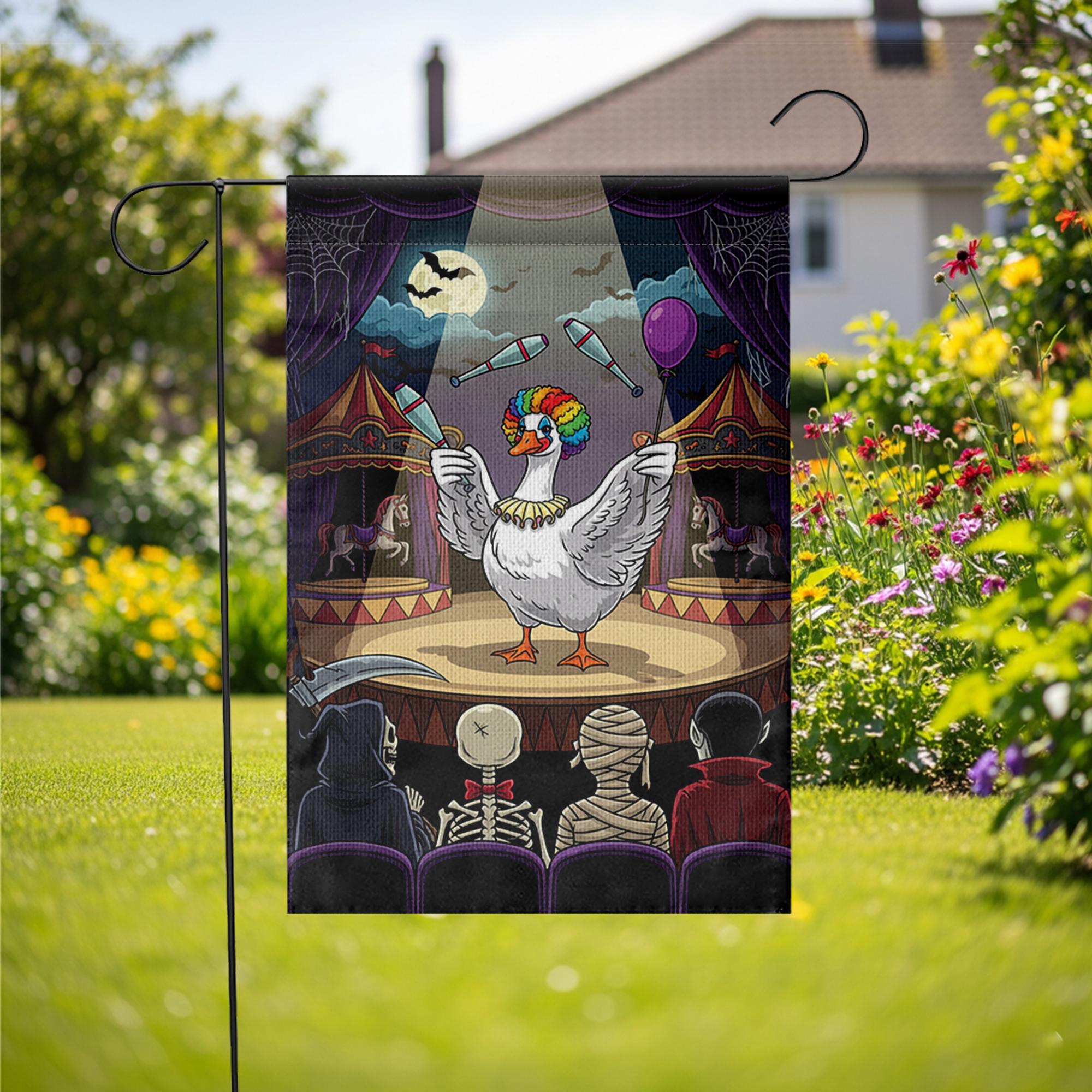 Halloween Goose Circus Garden Flag, Funny Clown Juggling Yard Banner, Spooky Fall Outdoor Decoration, Haunted Carnival Lawn Decor