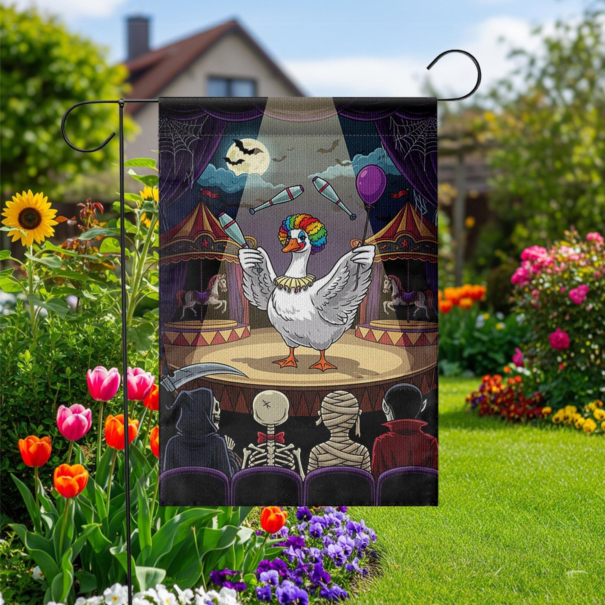 Halloween Goose Circus Garden Flag, Funny Clown Juggling Yard Banner, Spooky Fall Outdoor Decoration, Haunted Carnival Lawn Decor
