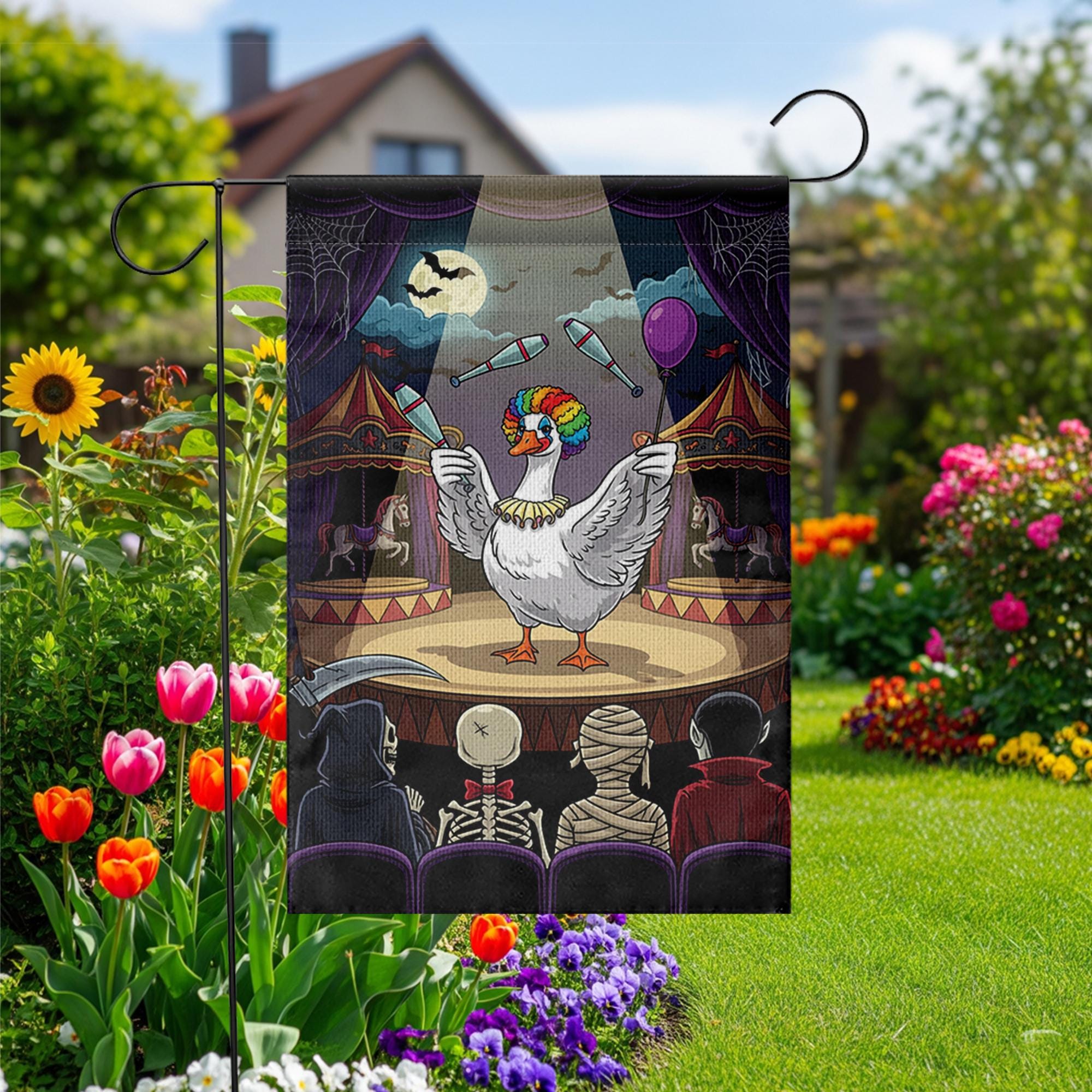 Halloween Goose Circus Garden Flag, Funny Clown Juggling Yard Banner, Spooky Fall Outdoor Decoration, Haunted Carnival Lawn Decor