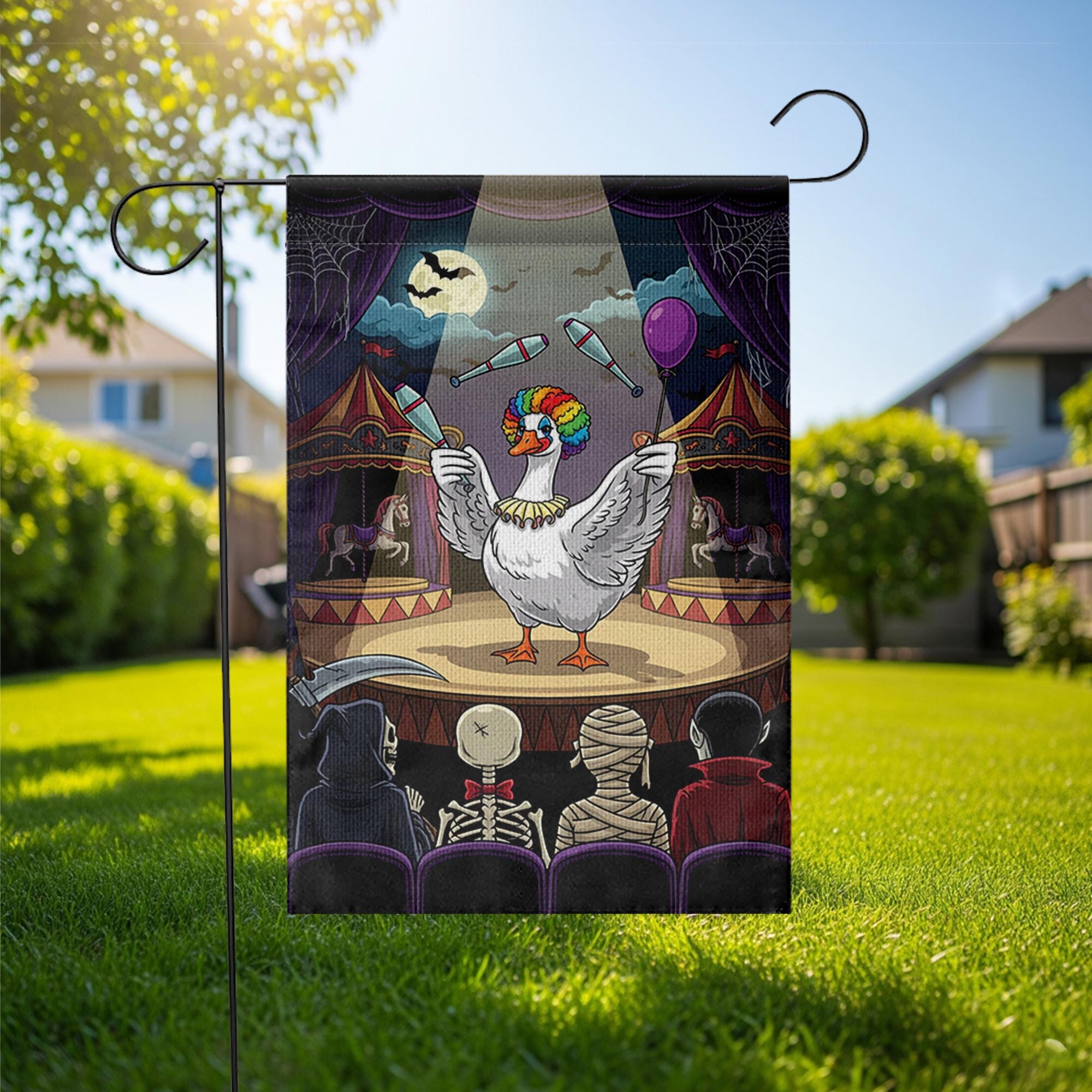 Halloween Goose Circus Garden Flag, Funny Clown Juggling Yard Banner, Spooky Fall Outdoor Decoration, Haunted Carnival Lawn Decor