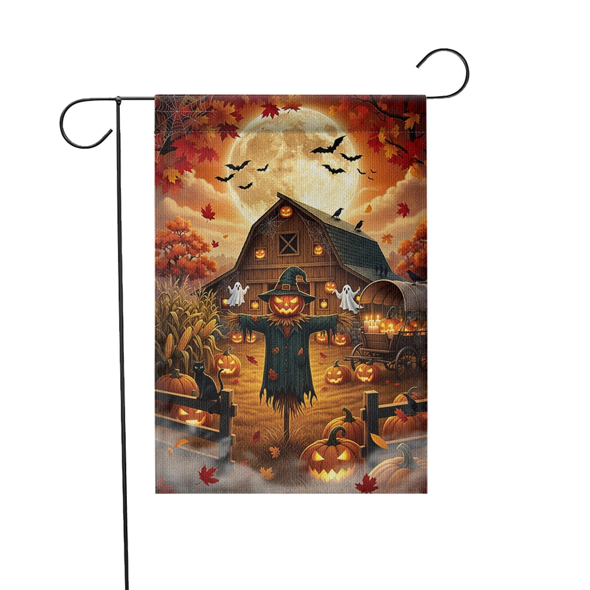 Halloween Farmhouse Garden Flag, Scarecrow Pumpkin Barn Yard Decor, Fall Harvest Outdoor Banner, Spooky Autumn Rustic Lawn Decoration