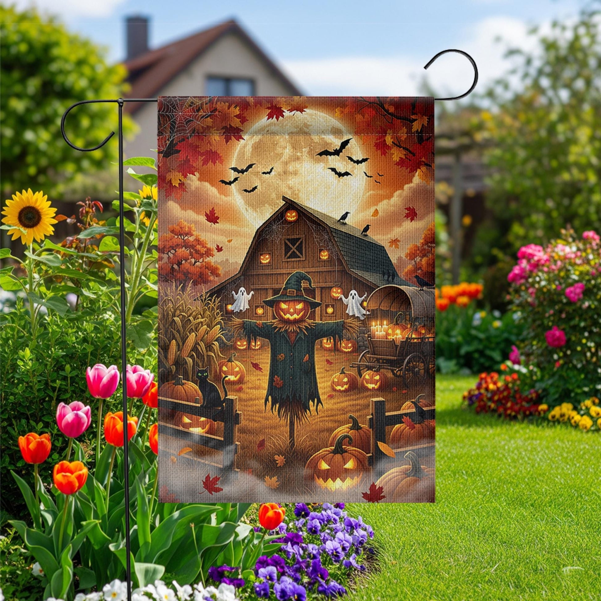 Halloween Farmhouse Garden Flag, Scarecrow Pumpkin Barn Yard Decor, Fall Harvest Outdoor Banner, Spooky Autumn Rustic Lawn Decoration