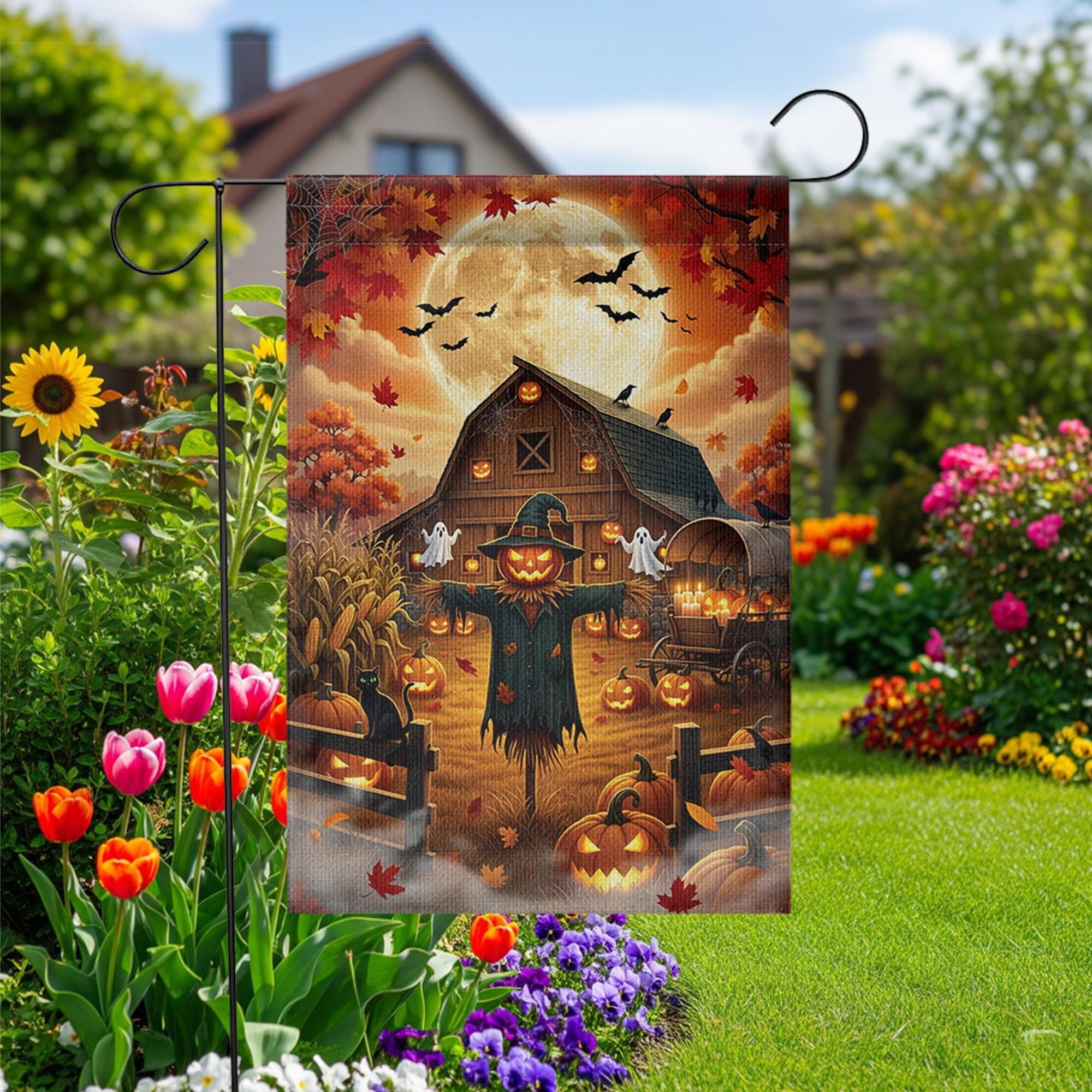 Halloween Farmhouse Garden Flag, Scarecrow Pumpkin Barn Yard Decor, Fall Harvest Outdoor Banner, Spooky Autumn Rustic Lawn Decoration