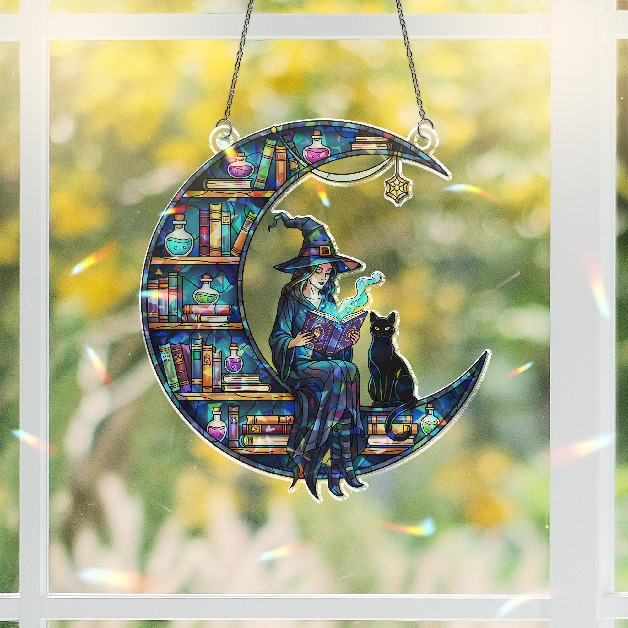 Stained Glass Witch Moon Window Hanging, Black Cat Book Lover Sun Catcher, Gothic Halloween Crescent Decor, Magical Witchy Home Ornament