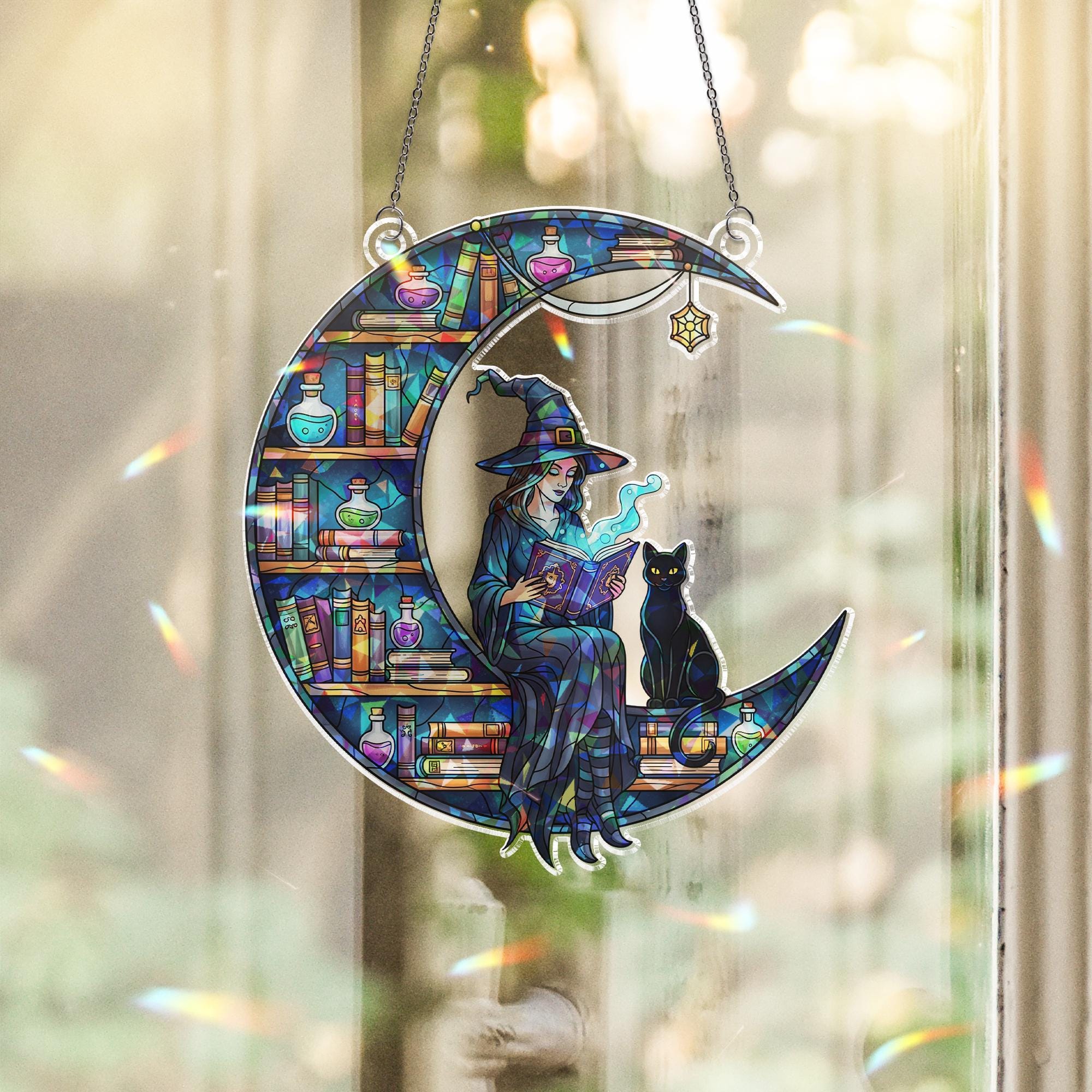 Stained Glass Witch Moon Window Hanging, Black Cat Book Lover Sun Catcher, Gothic Halloween Crescent Decor, Magical Witchy Home Ornament