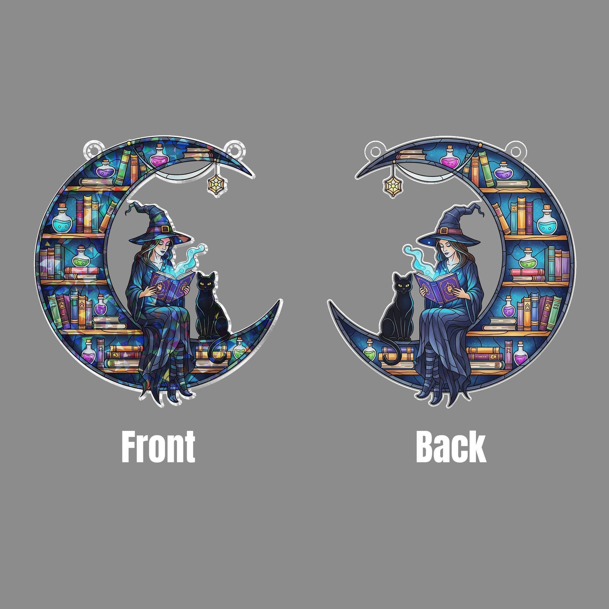 Stained Glass Witch Moon Window Hanging, Black Cat Book Lover Sun Catcher, Gothic Halloween Crescent Decor, Magical Witchy Home Ornament