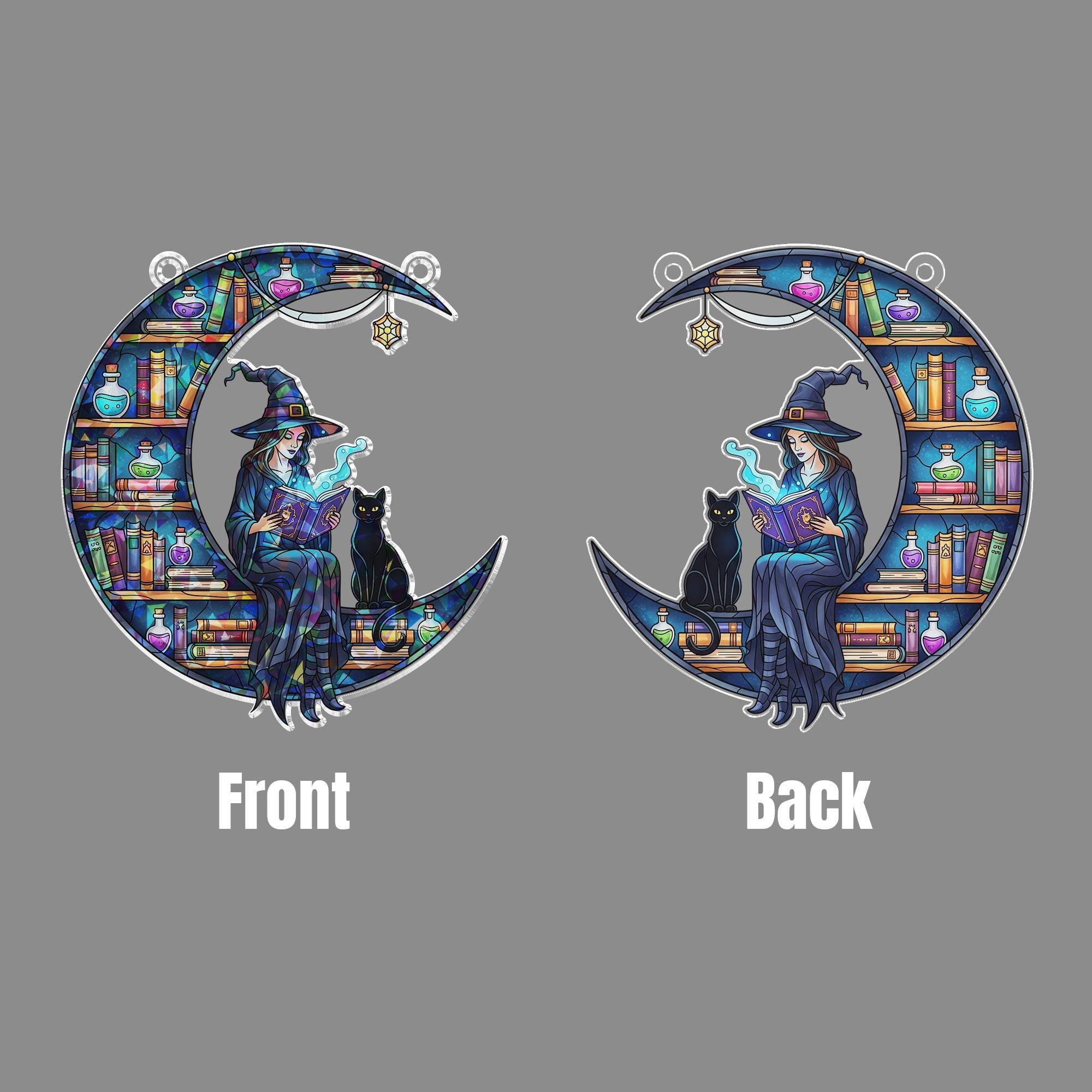 Stained Glass Witch Moon Window Hanging, Black Cat Book Lover Sun Catcher, Gothic Halloween Crescent Decor, Magical Witchy Home Ornament