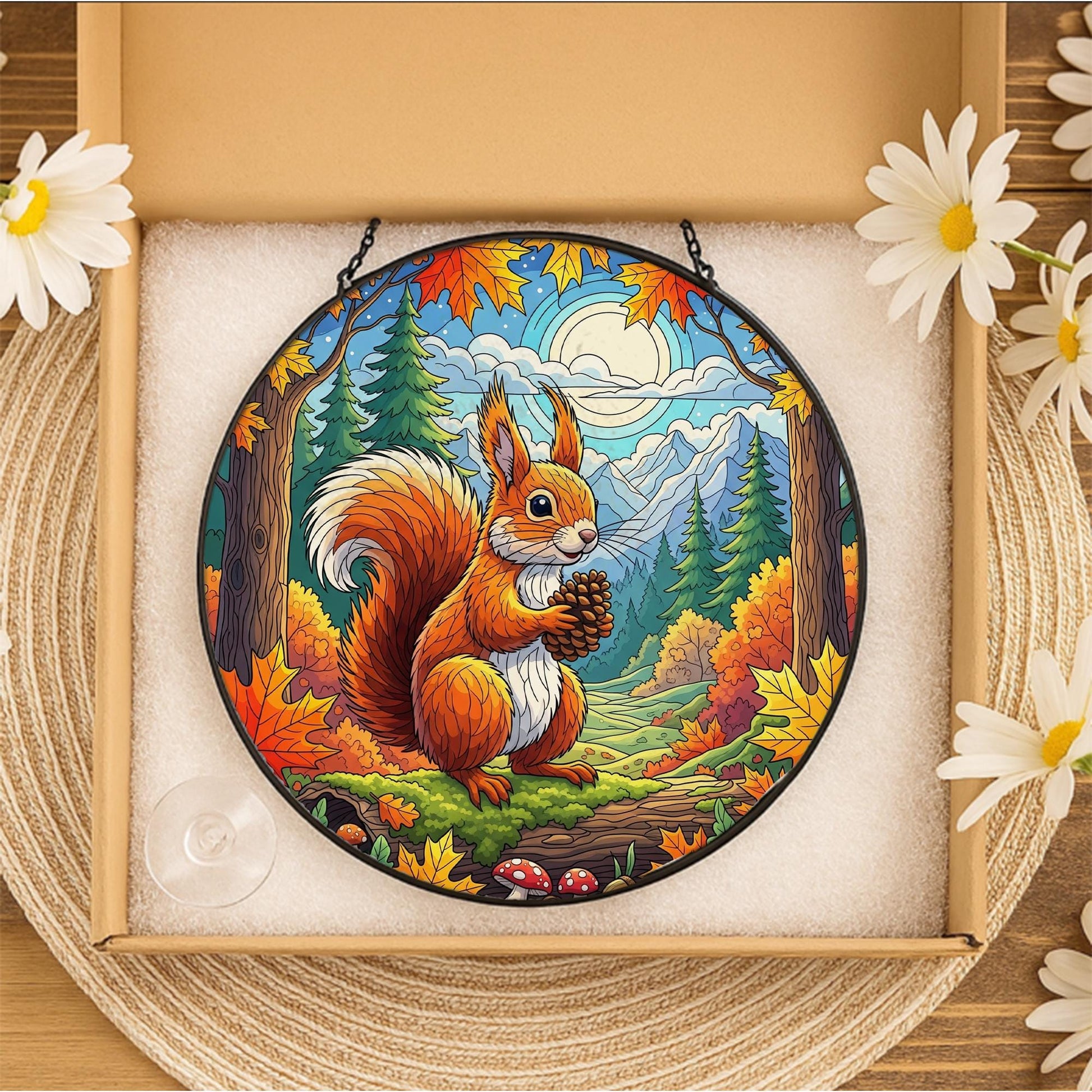 Squirrel Stained Glass Sun Catcher, Autumn Woodland Animal Window Hanging, Fall Forest Decor, Rustic Nature Pinecone Ornament