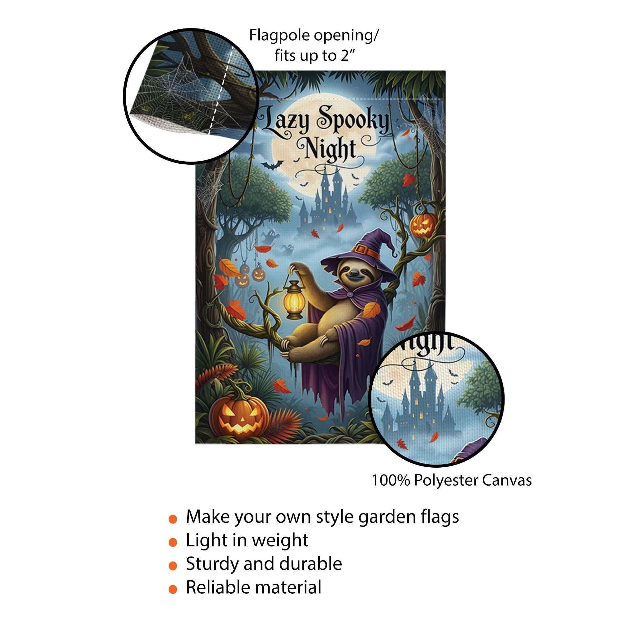 Lazy Spooky Night Sloth Halloween Garden Flag, Funny Witch Sloth Fall Yard Banner, Pumpkin Lantern Outdoor Autumn Decor