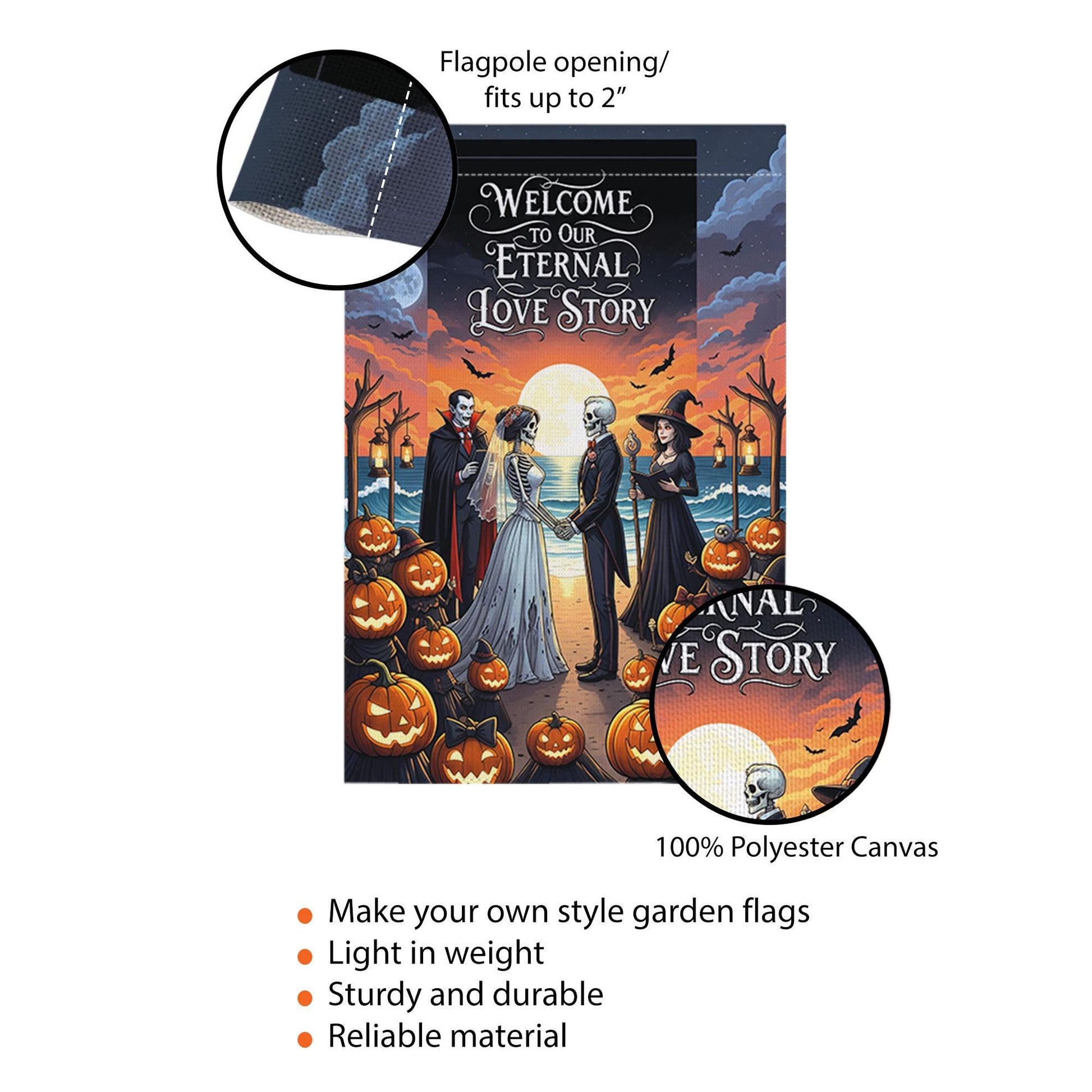 Eternal Love Story Halloween Wedding Garden Flag, Gothic Bride Groom Skeleton Decor, Spooky Fall Outdoor Pumpkin Banner