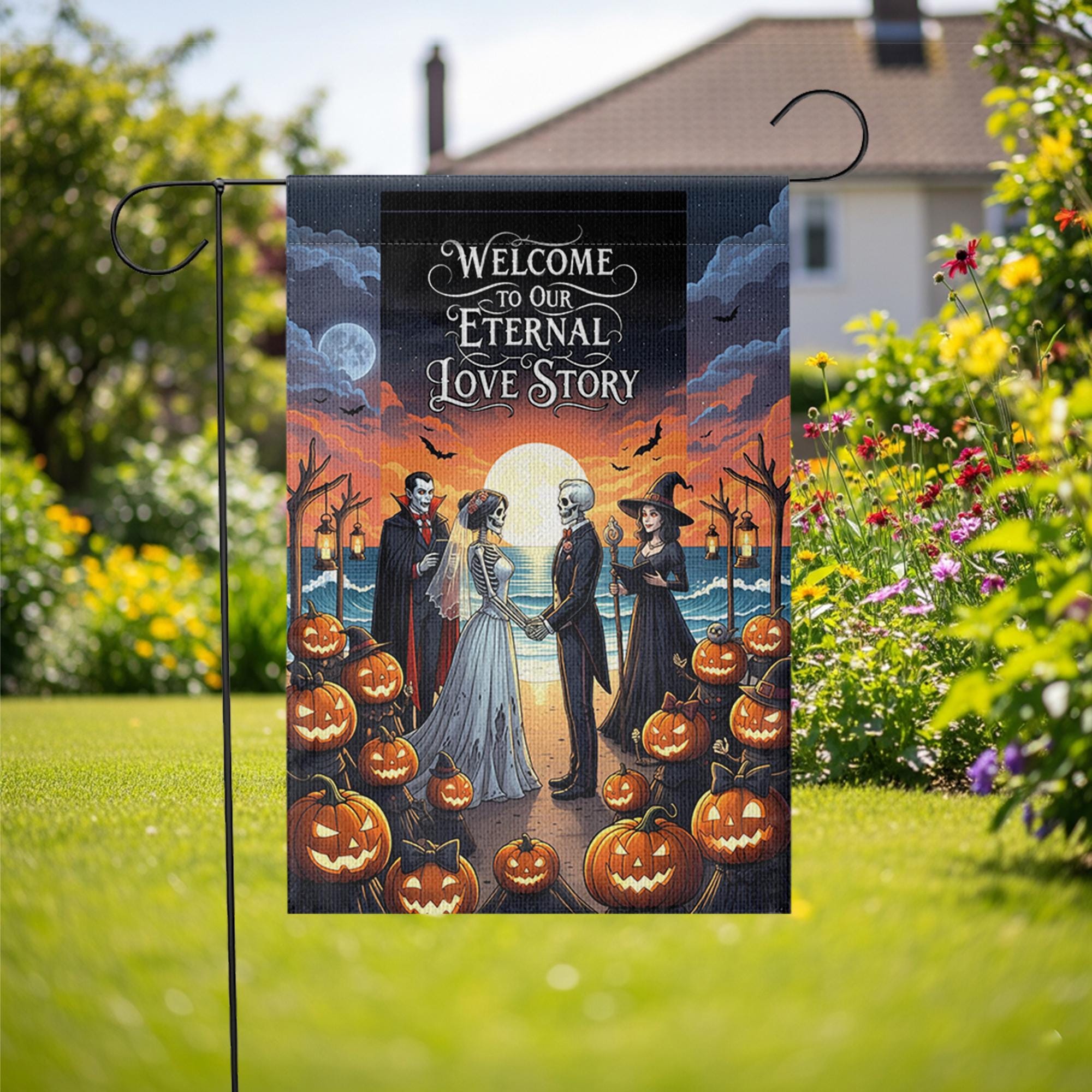 Eternal Love Story Halloween Wedding Garden Flag, Gothic Bride Groom Skeleton Decor, Spooky Fall Outdoor Pumpkin Banner