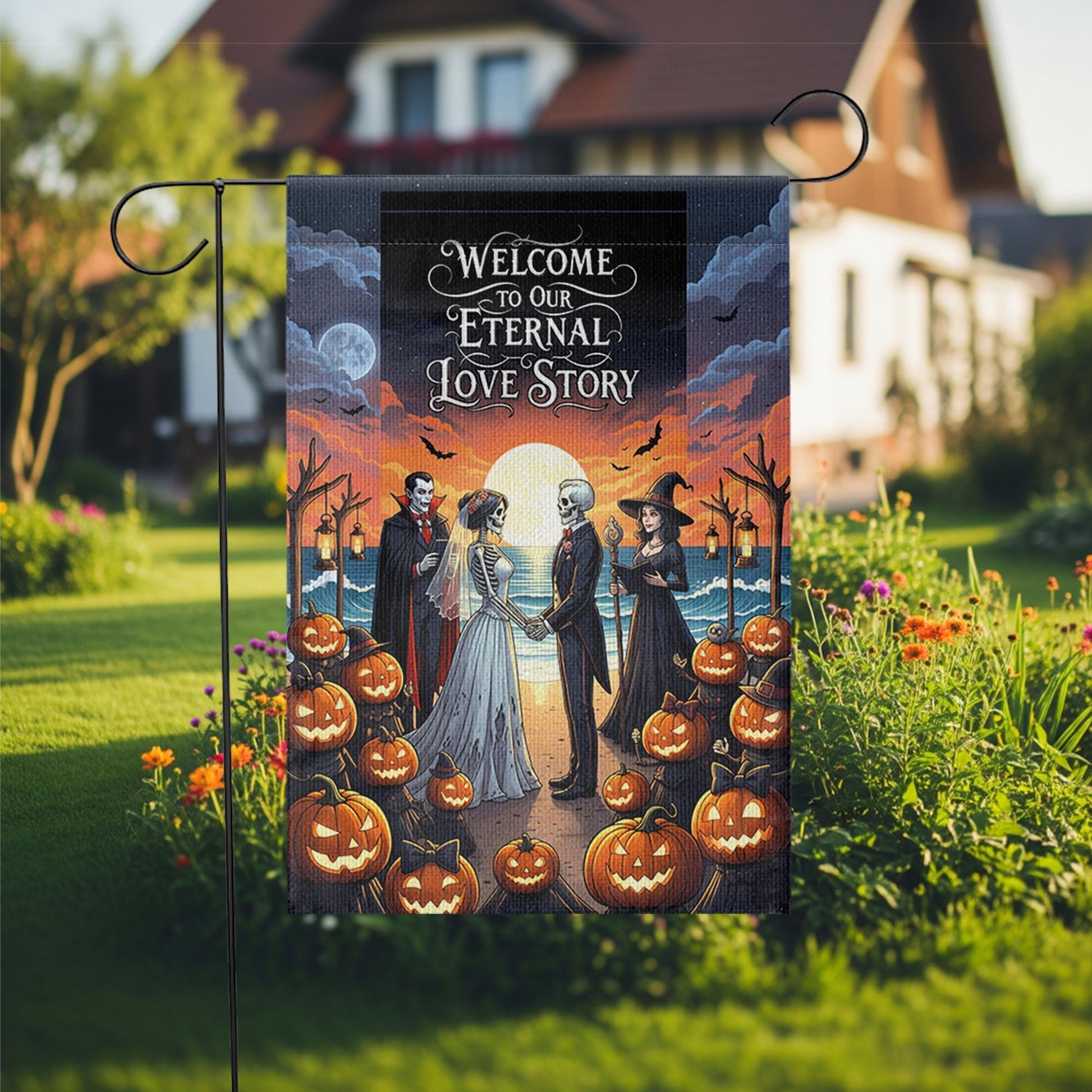 Eternal Love Story Halloween Wedding Garden Flag, Gothic Bride Groom Skeleton Decor, Spooky Fall Outdoor Pumpkin Banner